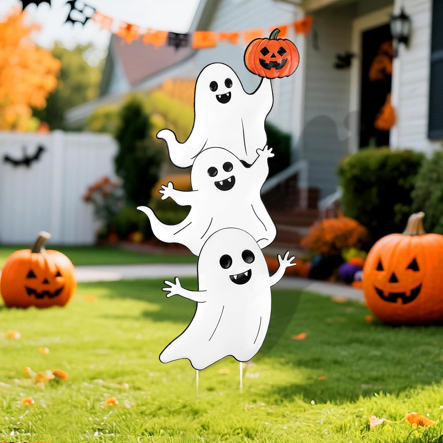 Halloween Ghost Yard Signs Metal Ghost Yard Sign with Pumpkin Halloween Metal Garden Stakes for Outdoor Garden Lawn Patio Pathway Horror Party Decorations