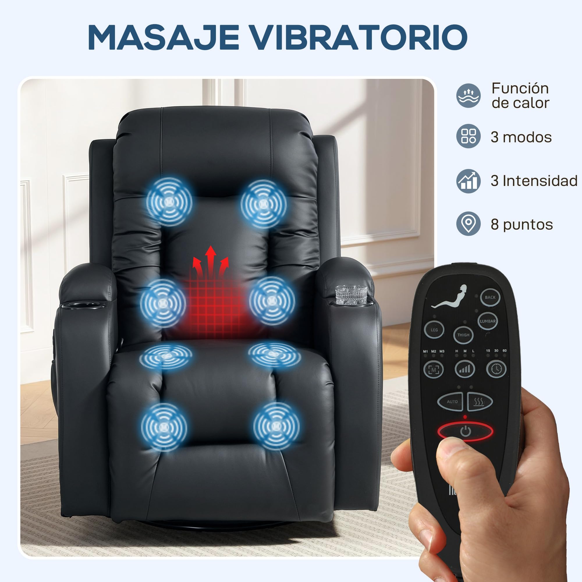 HOMCOM Sillón de Masaje Giratorio con 8 Puntos de Masaje Vibrante Sillón Relax Reclinable con Función de Calefacción Lumbar Mando a Distancia Butaca Reclinable para Salón 85x94x104 cm Negro