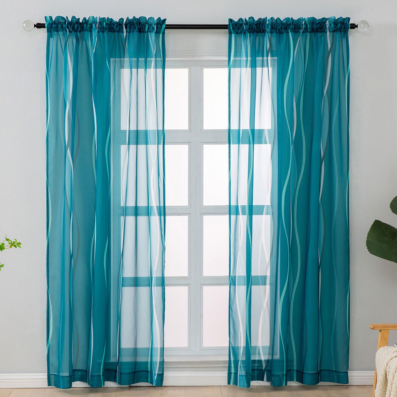 Amazon.com: L.Z.E Teal and White Sheer Curtains 84 Inch Long 2 Panels ...
