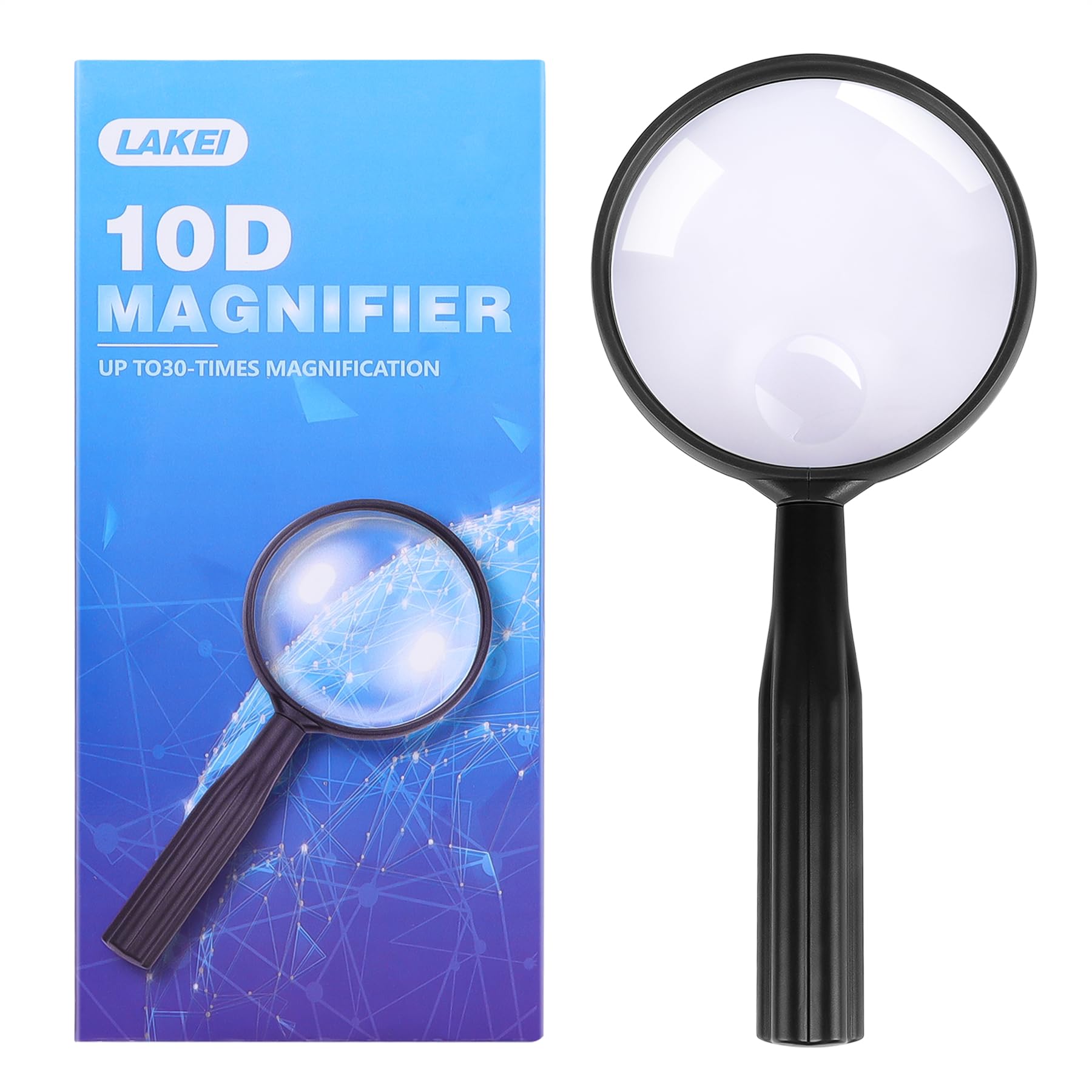 Lakei Magnifying Glass,10X Handheld Reading Magnifying Glass， 75mm Shatter Resistant Lens, Non-Slip Handle, Suitable for Elderly Reading, Adults Close Work, Hobbies and Halloween & Cosplay(Black)
