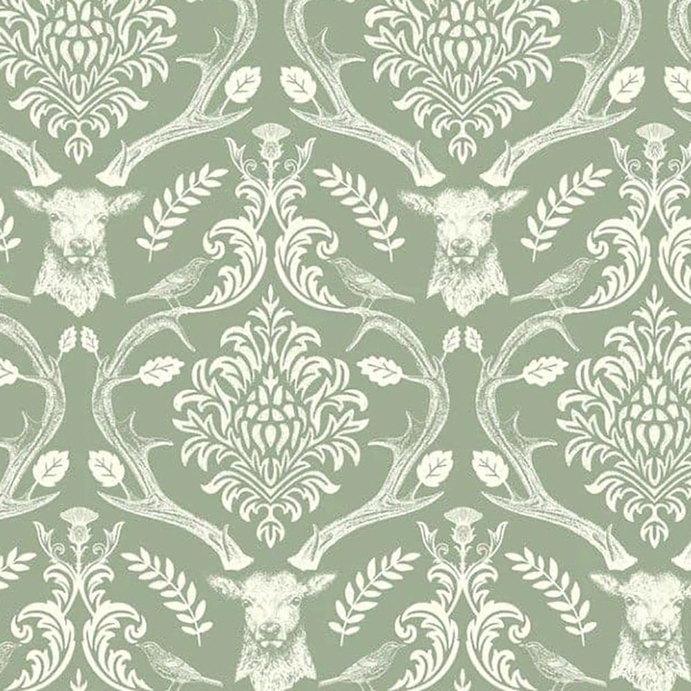 Stag Damask Sage Green Wallpaper - Floral Flowers Birds Trees Leaves Modern Contemporary Feature Wall