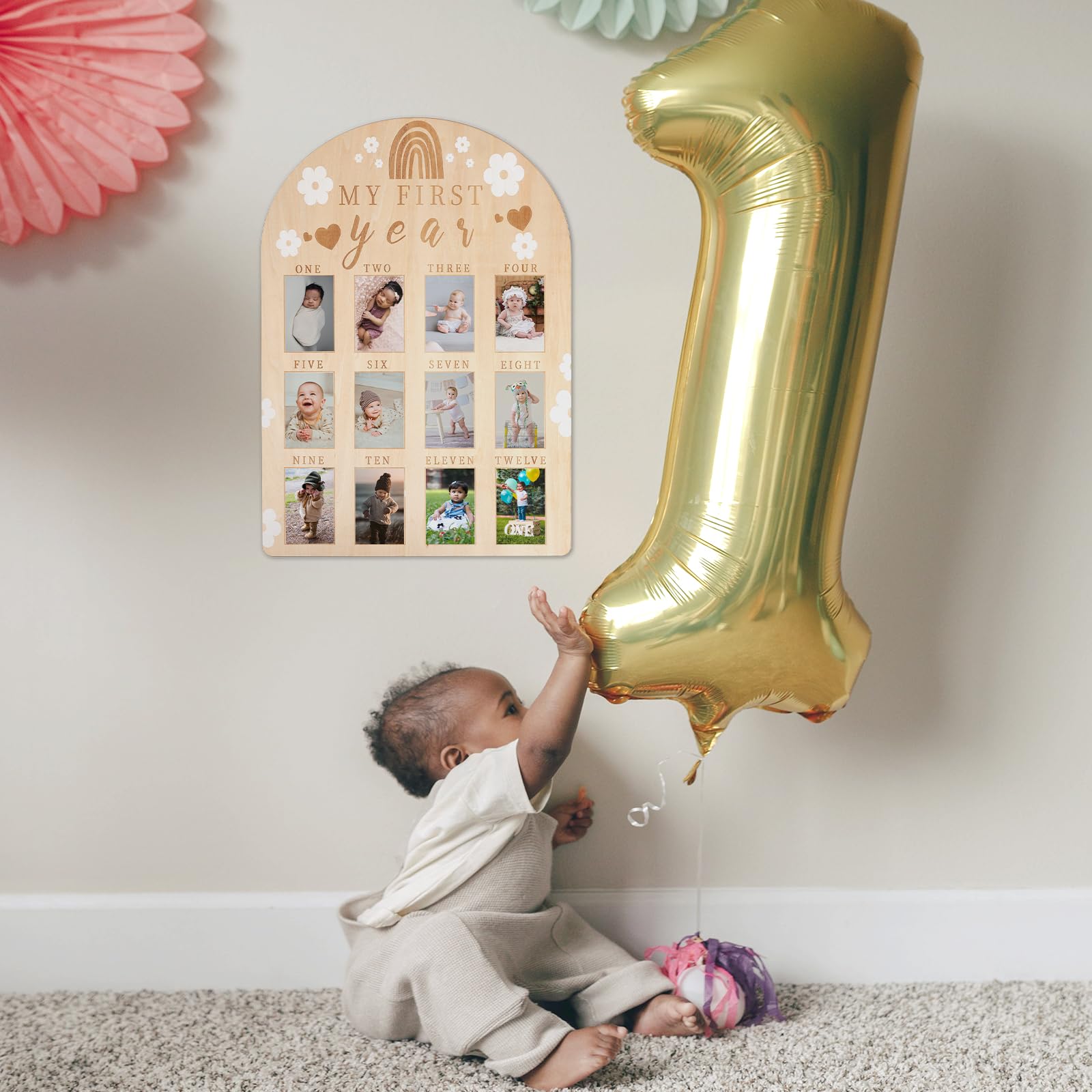 PEUTIER Cornice Foto per Bambino, Cornice per Foto Personalizzata per Il Mio Primo Anno Tavola in Legno per Decorazioni per la Scuola Materna del Compleanno del Bambino della Ragazza del Ragazzo