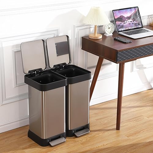 Cubo de basura y reciclaje doble de 13 galones, de acero inoxidable a prueba de huellas dactilares con doble tapa, cubo de basura con pedal para