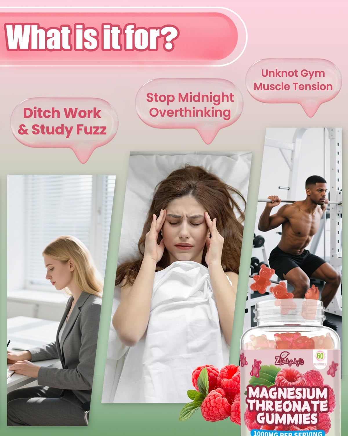 Magnesium L-Threonate Gummies 1000mg – Sugar-Free, Vegan Magnesium Supplement for Kids & Adults, Wellness Support, Non-GMO, Raspberry Flavor, 60 Count