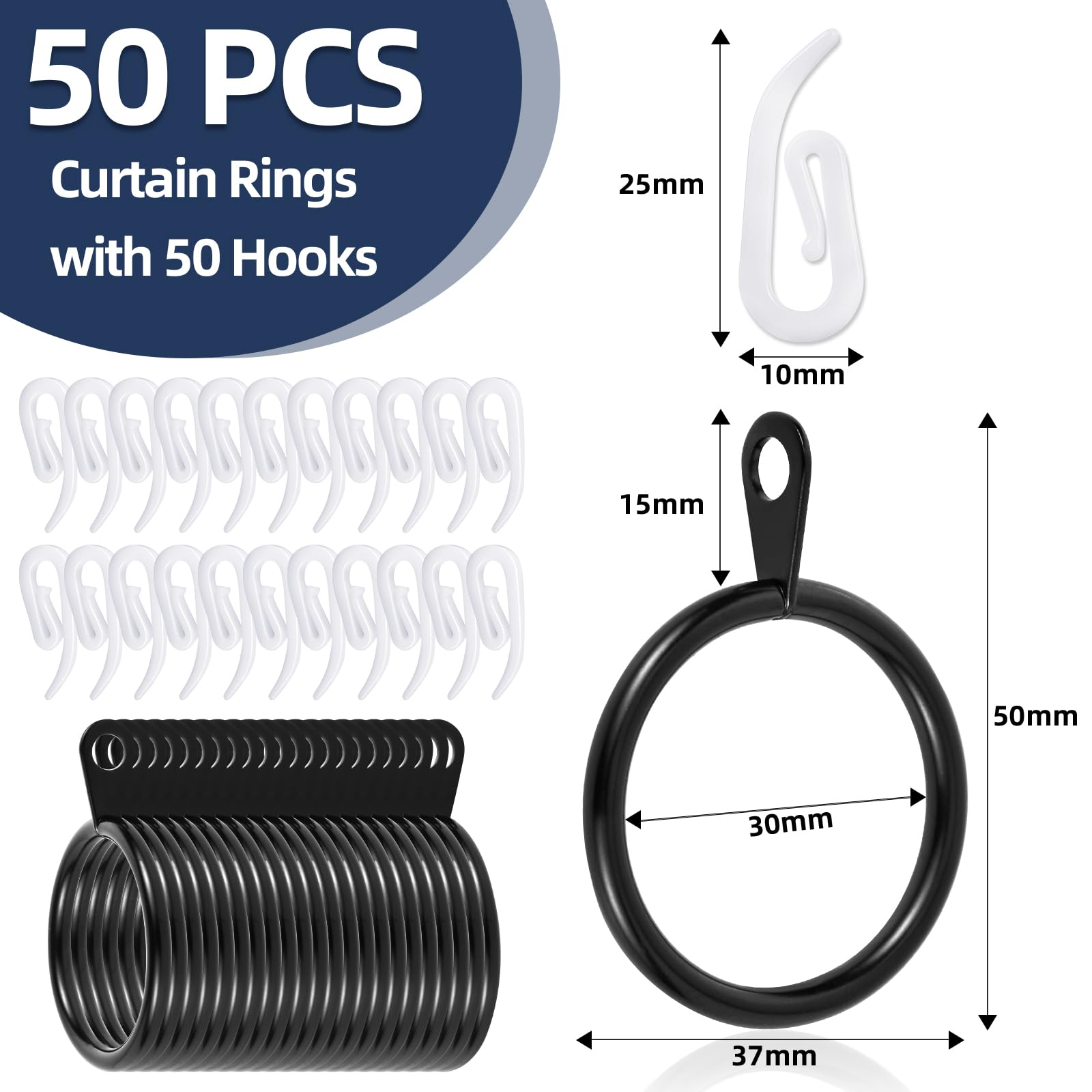 PHMING Lot De 50 Anneau Rideau Avec Crochet, Anneaux Rideaux