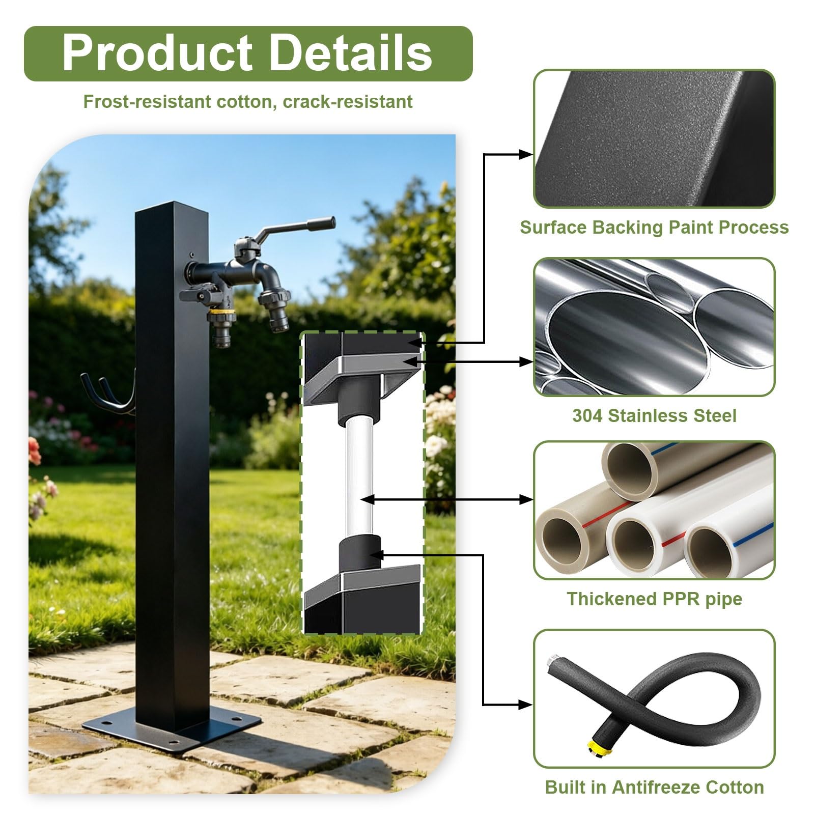 Colonne d'eau de jardin extérieure en acier inoxydable 304 avec double robinet, robinet d'eau autoportant monté au sol pour l'irrigation, le lavage, la ferme et l'arrière-cour(Height: 95cm/37.4in)