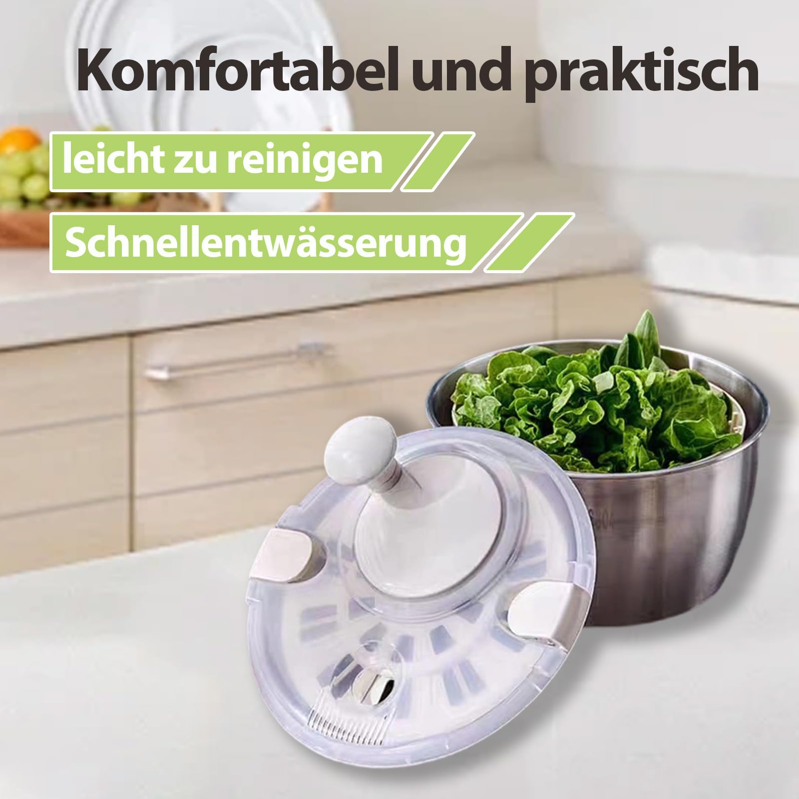 5L Salatschleuder, Salatschleuder Edelstahl, Salatschleuder Mit Deckel, Lebensmittelecht Edelstahl, Rutschfester Sockel, Effizient zur Salatzubereitung & Lebensmittelreinigung (Edelstahl 304)