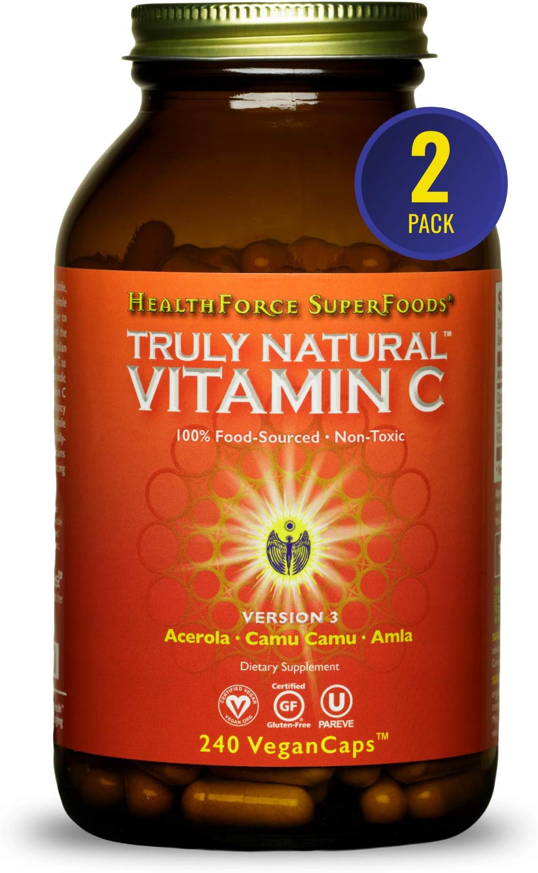 HEALTHFORCE SUPERFOODS Truly Natural Vitamin C - Immune Support Supplement with Camu Camu Berry - Vitamin C Supplement for Immune Health - Vegan, Non-GMO - 240 Vegan Caps, 60 Servings (Pack of 2)