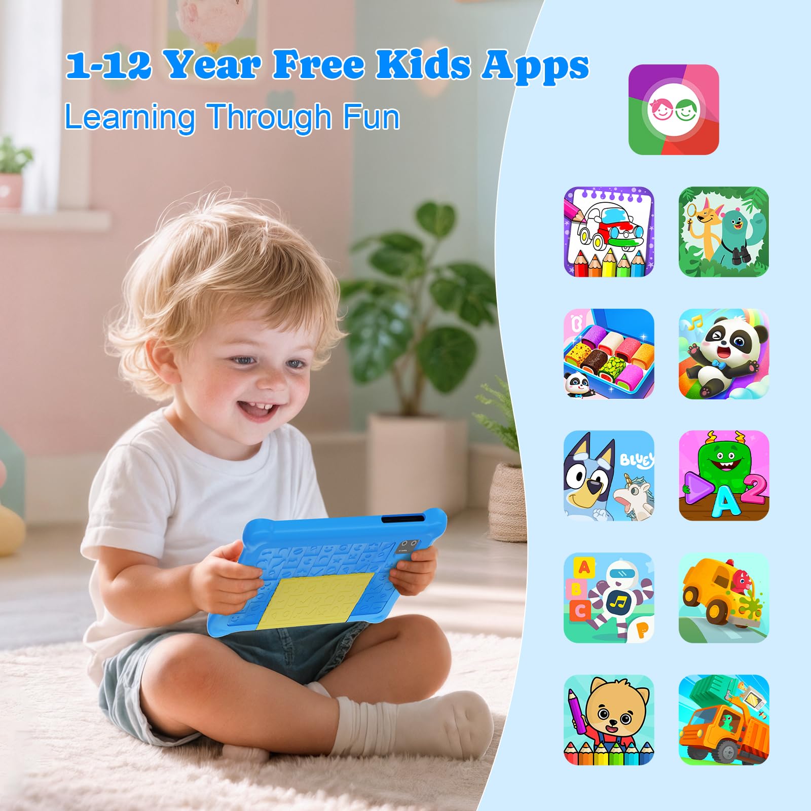 Tablette Enfants 7 Pouces Android 13 5GB RAM 32GB ROM TF 128GB Contrôle Parental WiFi Bluetooth Kid-Proof Étui Bleu