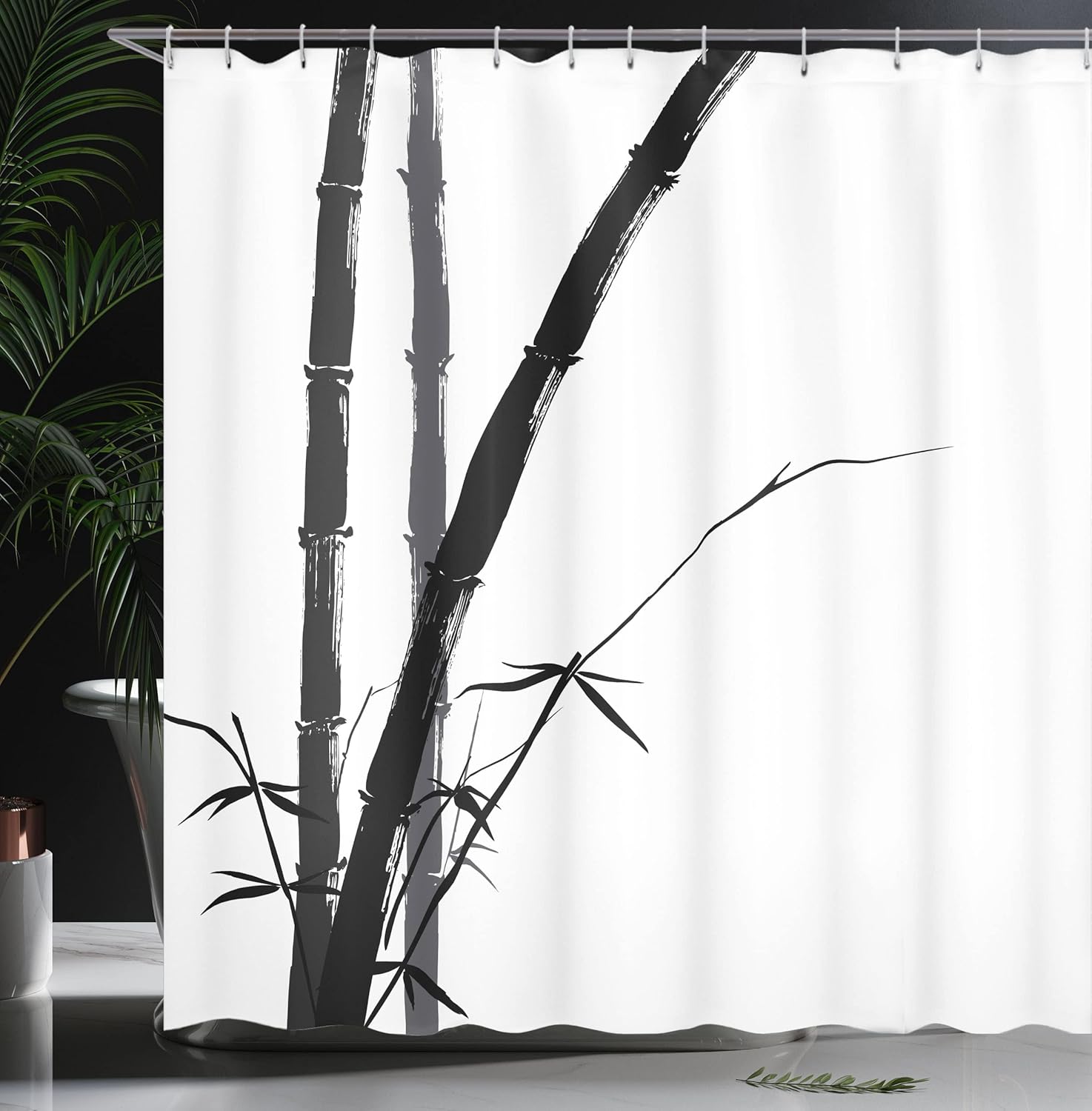Ambesonne Exotic Shower Curtain, Feng Shui Watercolor Japanese Ink Art Boho Bamboo Branches, Cloth Fabric Bathroom Decor Set with Hooks, 69" W x 70" L, Charcoal White