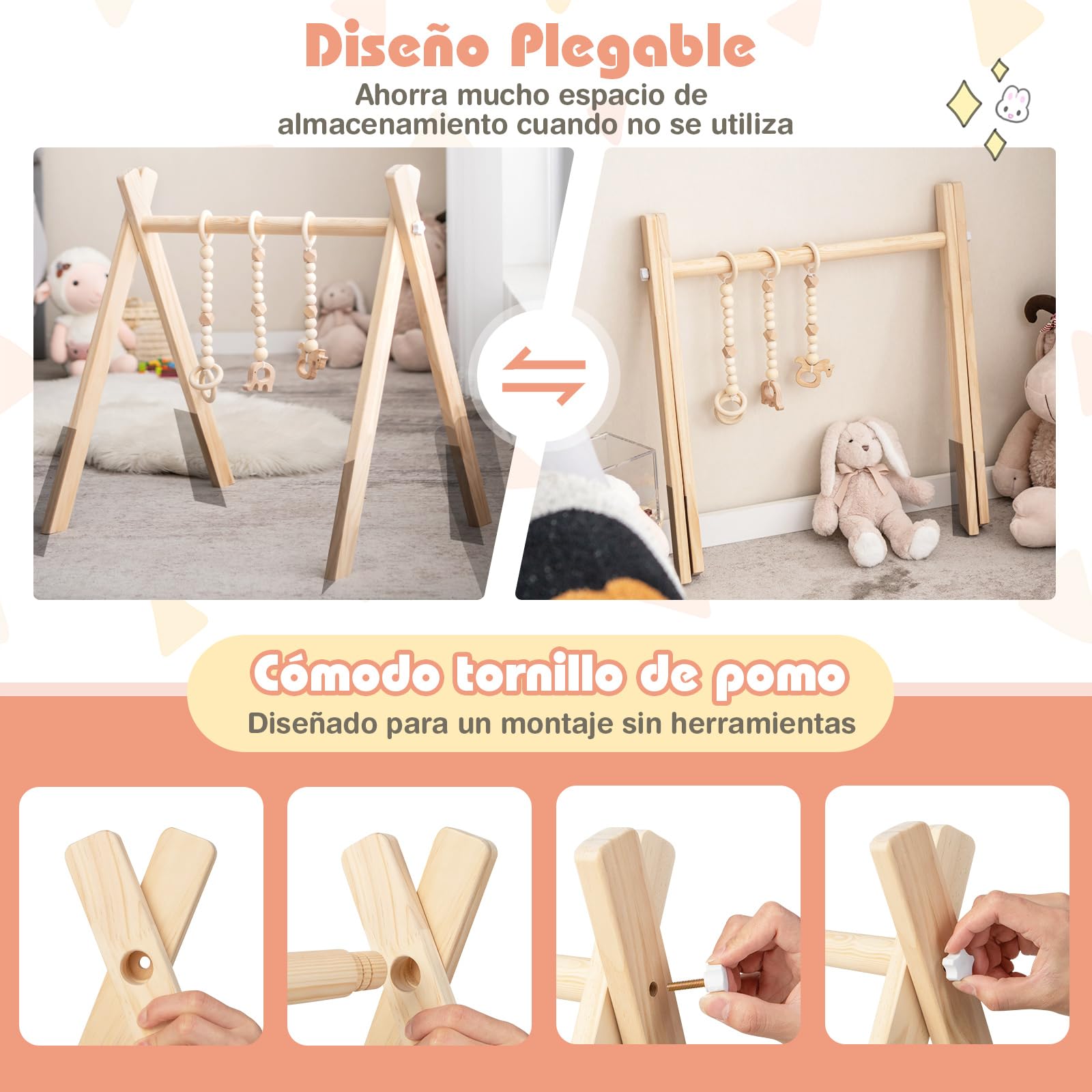 COSTWAY Gimnasio para Bebé de Madera Centro de Actividade con Juguete de Más de 3 Meses, Arco Plegable de Madera para Bebé con 3 Juguetes Extraíbles para Niños (Natural)