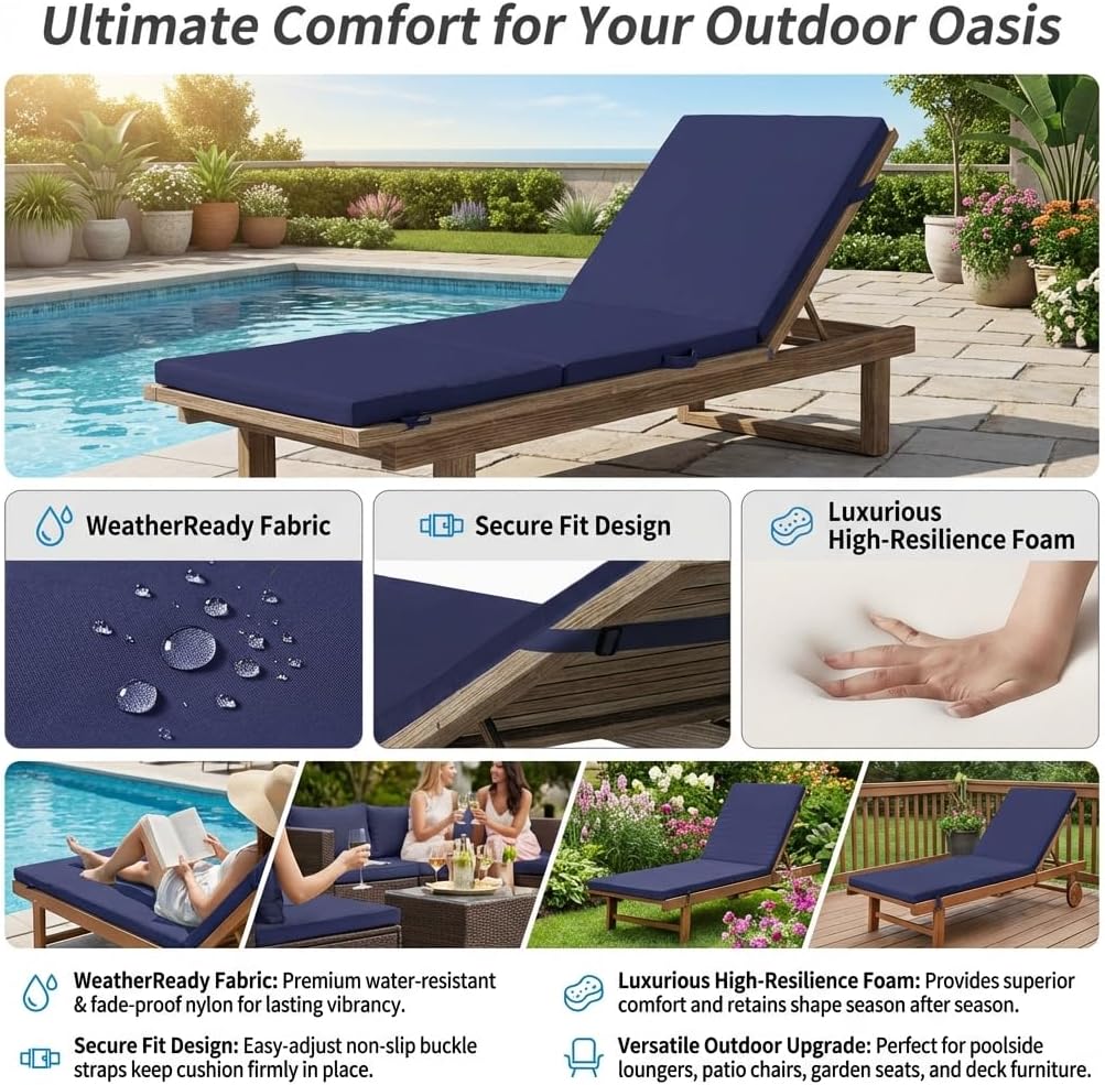 2 Pack 77x24 inch Lounge Chair Cushions for Outdoor Furniture, Large 2" High-Resilience Foam Chaise Cushion for Patio Pool Garden