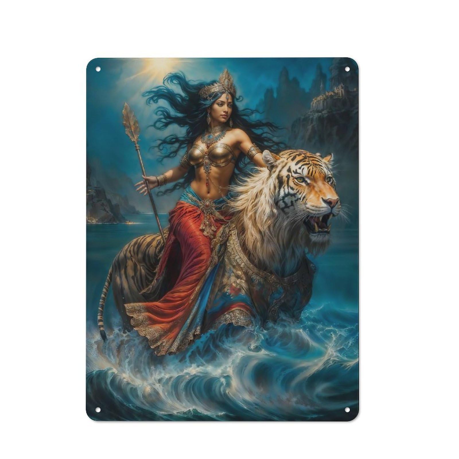 Junmoney Goddess Durga Riding A Tiger Metal Wall Sign With Design 40X30cm, Weathered Look Workshop Wall Decor For Garage, Hobby Room, Office Or Man Cave
