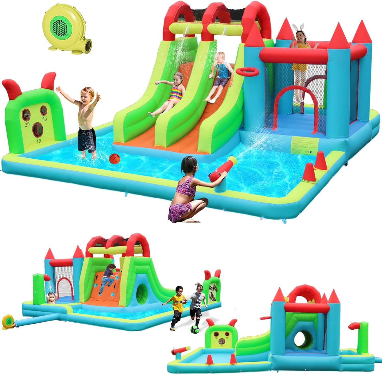 Inflatable Water Slide Park 18x15FT Mega Water Park Bounce House w/Double Waterslide Large Splash Pool, Deep Pool, Shower,Water Cannon,Climbing Wall and Jumping Bouncer for Backyard Outdoor