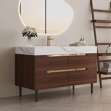 SSLine 35.4" Bathroom Vanity with Ceramic Sink and Sinter Stone Marble Counter Top Modern Free-Standing Bathroom Vanity Sink Cabinet with 4 Storage Drawers,Walnut Gold