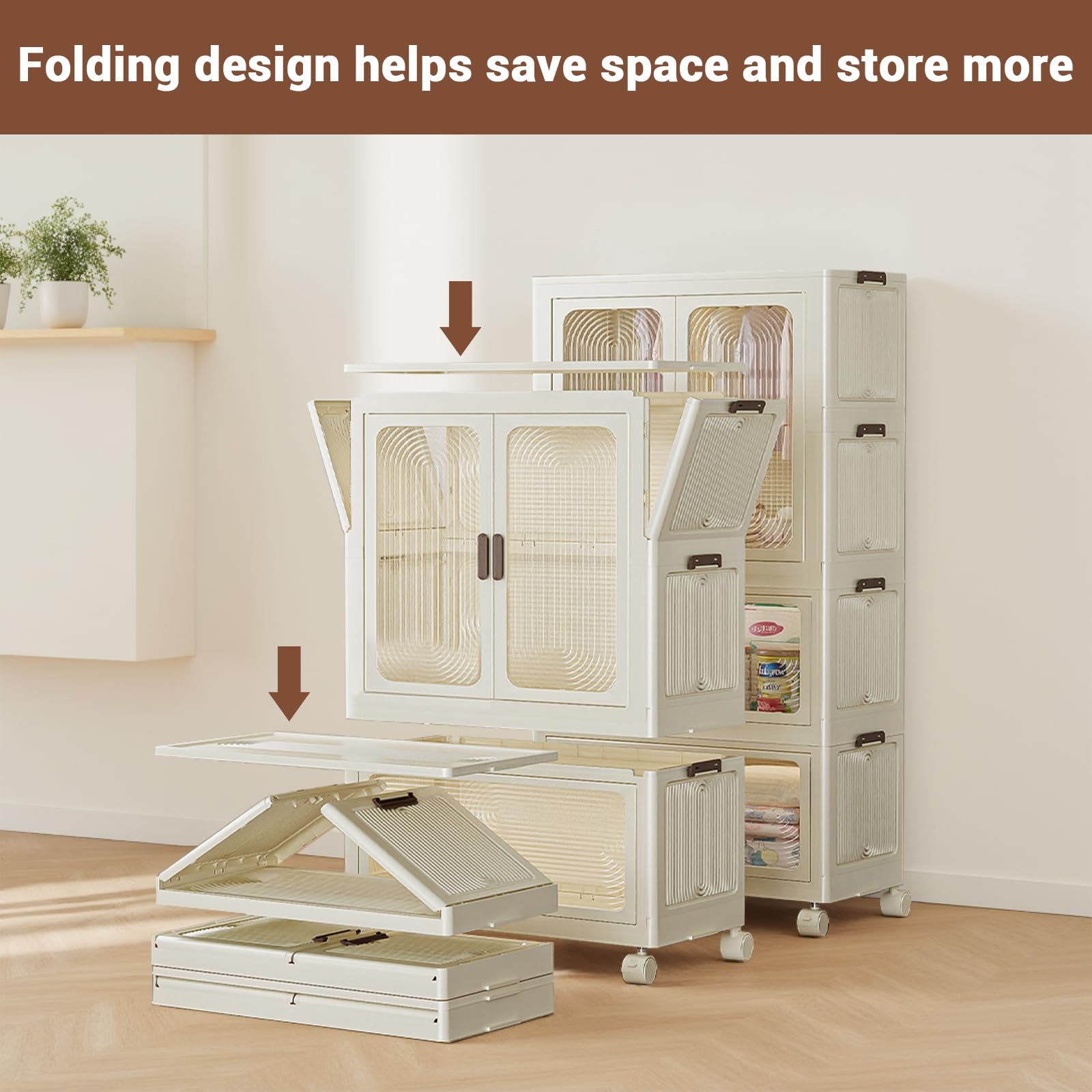 Armoire Pliante Portable, Commode Pliante en Plastique avec Tringle à vêtements, penderie à Double Porte, Armoire Multifonction Pliable avec roulettes (2 suspensions + 1 Rangement)