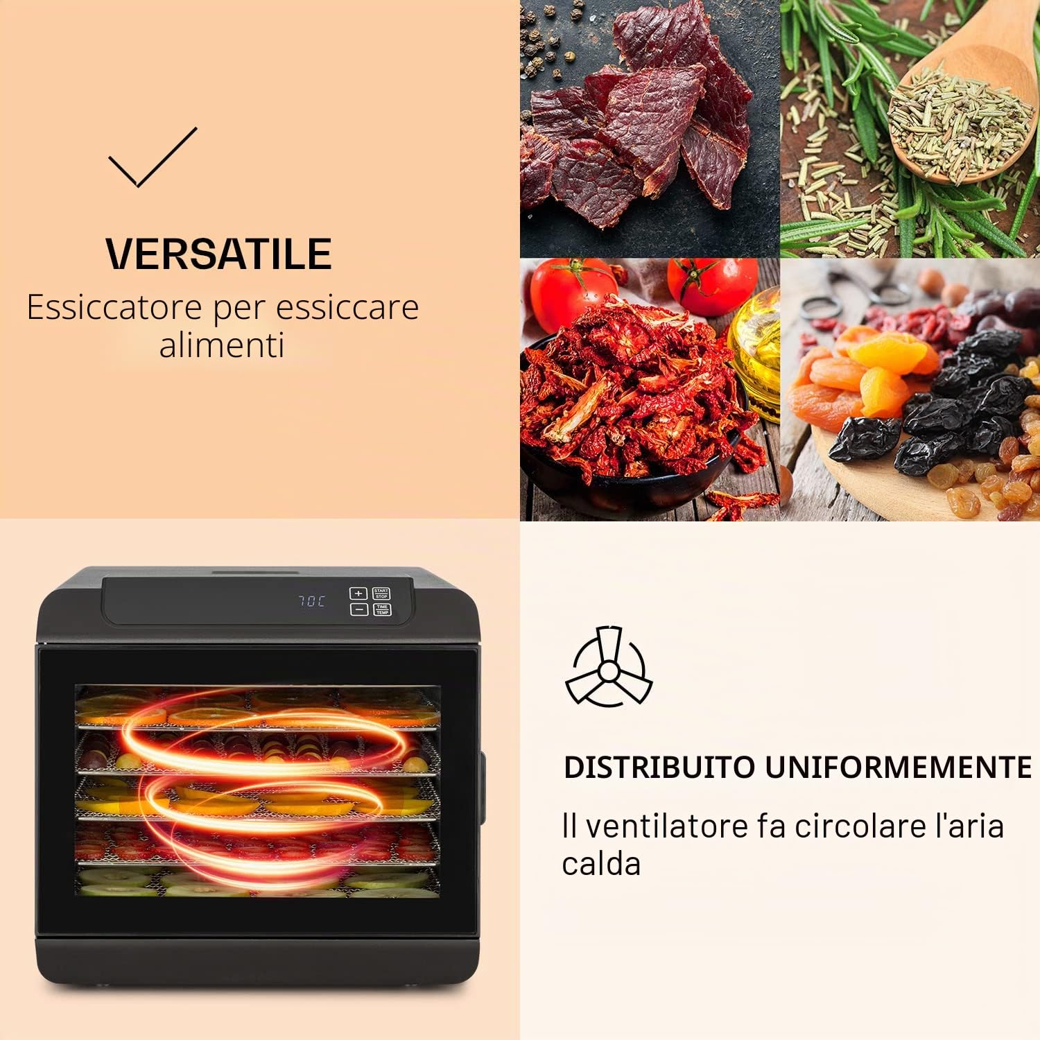 KLARSTEIN Arizona - Disidratatore, Essiccatore di Carne e Frutta, Essicatrice, 500 Watt, 35-70 ° C, 6 Ripiani Lavabili in Lavastoviglie, Nero