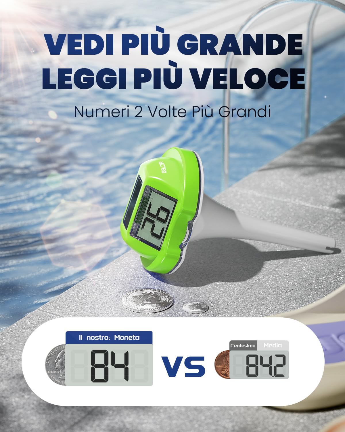 Termometro Galleggiante BALDR Solare con Doppio Display Anti-Riflesso | Sensore Temperatura Digitale IPX7 per Piscine/SPA(Verde)