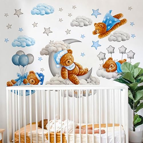 Miniatura 5 de Suplanet Decoración de pared de oso durmiendo en la luna y estrellas para habitación de bebé niño, calcomanías de pared Dream Big Little One,