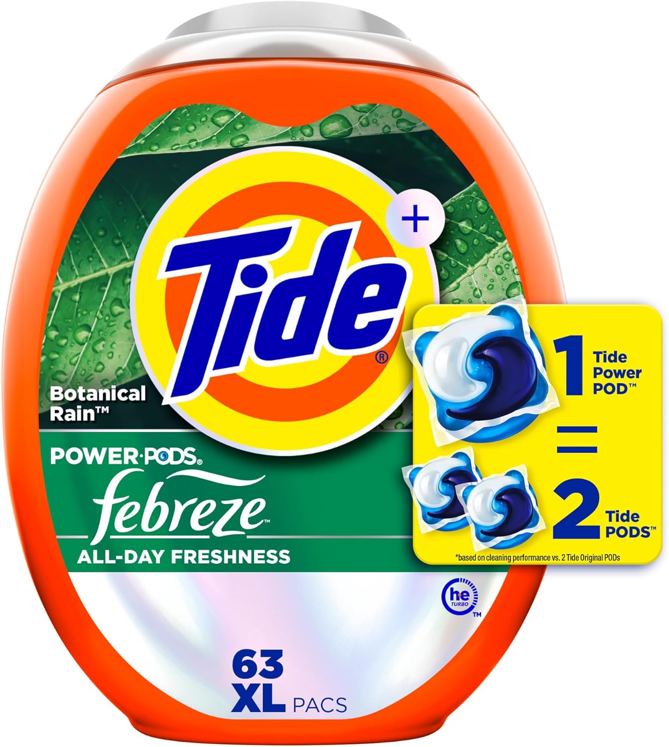 Tide Power Pods with Febreze Laundry Detergent Pacs, 63 Count, Botanical Rain Scent, All-Day Freshness