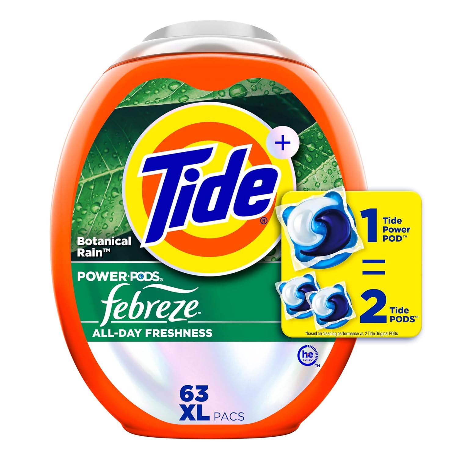 Tide Power Pods with Febreze Laundry Detergent Pacs 63 Count Botanical Rain Scent All-Day Freshness