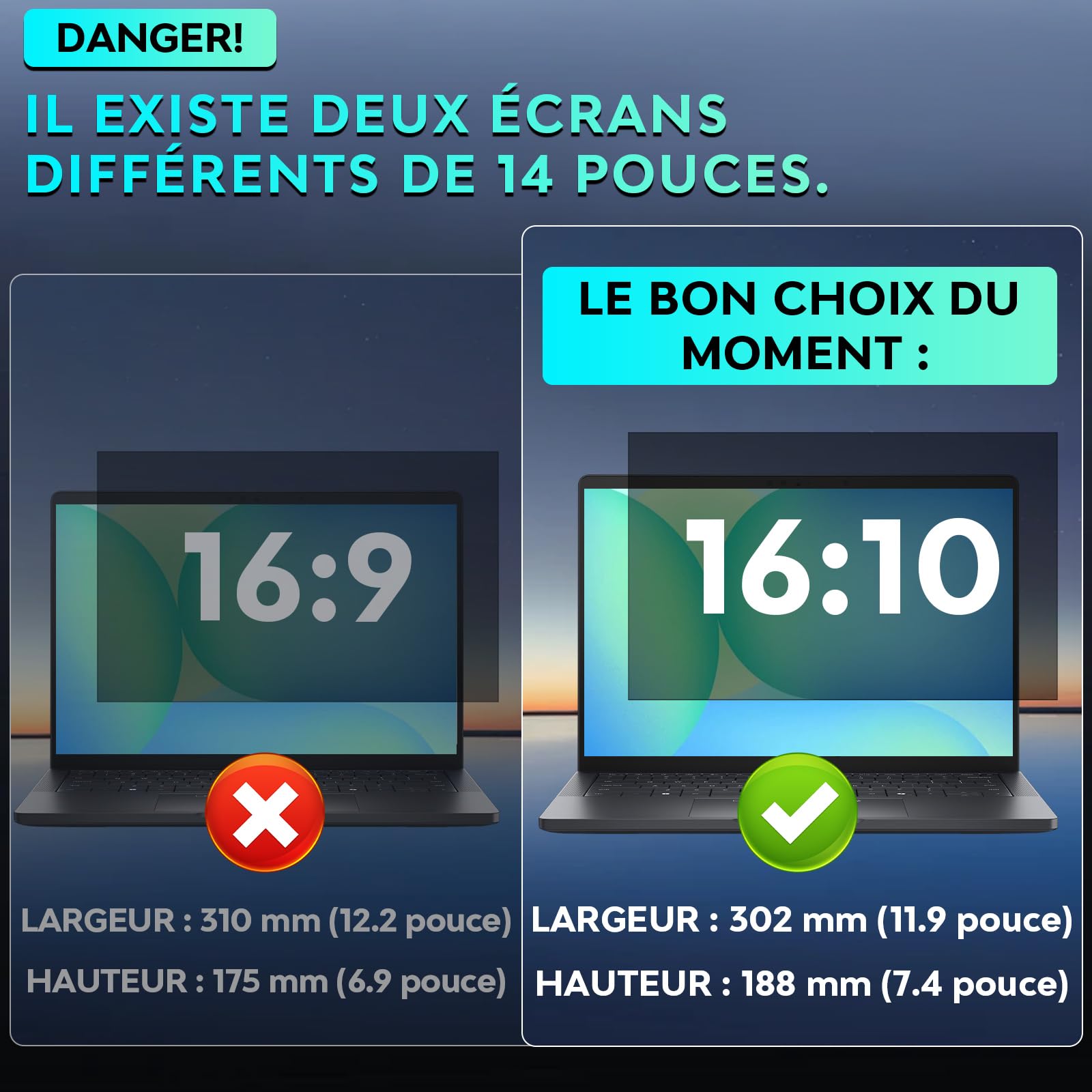 Filtre de Confidentialité pour 14 pouces ordinateurs portables Aspect 16:10, Anti-espionnage, Anti-lumière bleue et Anti-reflets, Amovible, compatible avec Lenovo, HP, Dell, Acer, Samsung, Asus