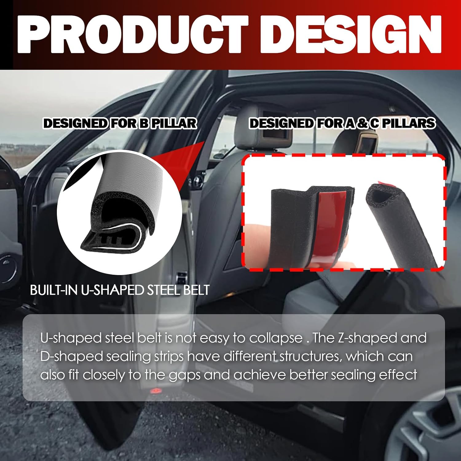 6PCS Car Door Seal Strip Kit,3-in-1 Car Weather Stripping Door Seal with U-Shaped Strips B Pillar Sealing Strip/Z-Shaped A Pillars & D-Shaped C Pillar Strips,Rubber Weather Stripping
