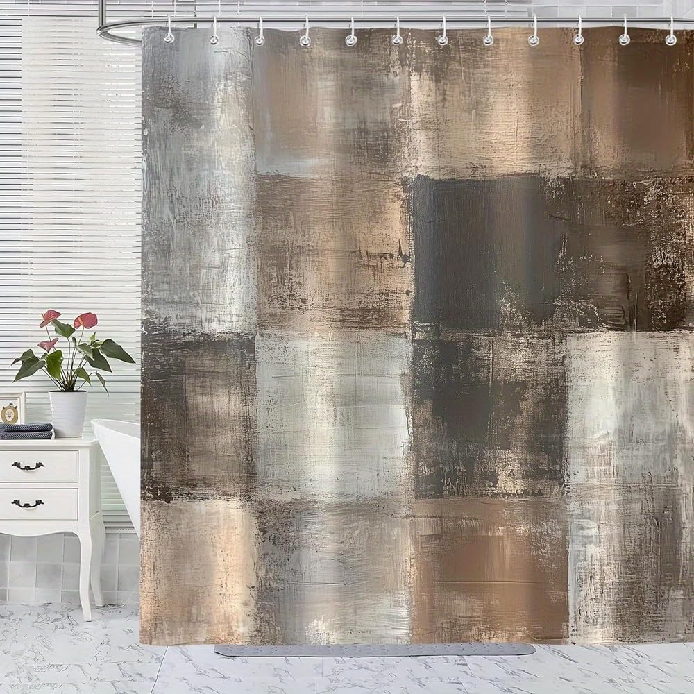 Brown Grey Abstract Shower Curtain,Rustic Farmhouse Vintage Bathtub Shower Curtains Decor for Bathroom, Washable Cloth Fabric with 12 Hooks(85x180cm/33x71in(WxH))