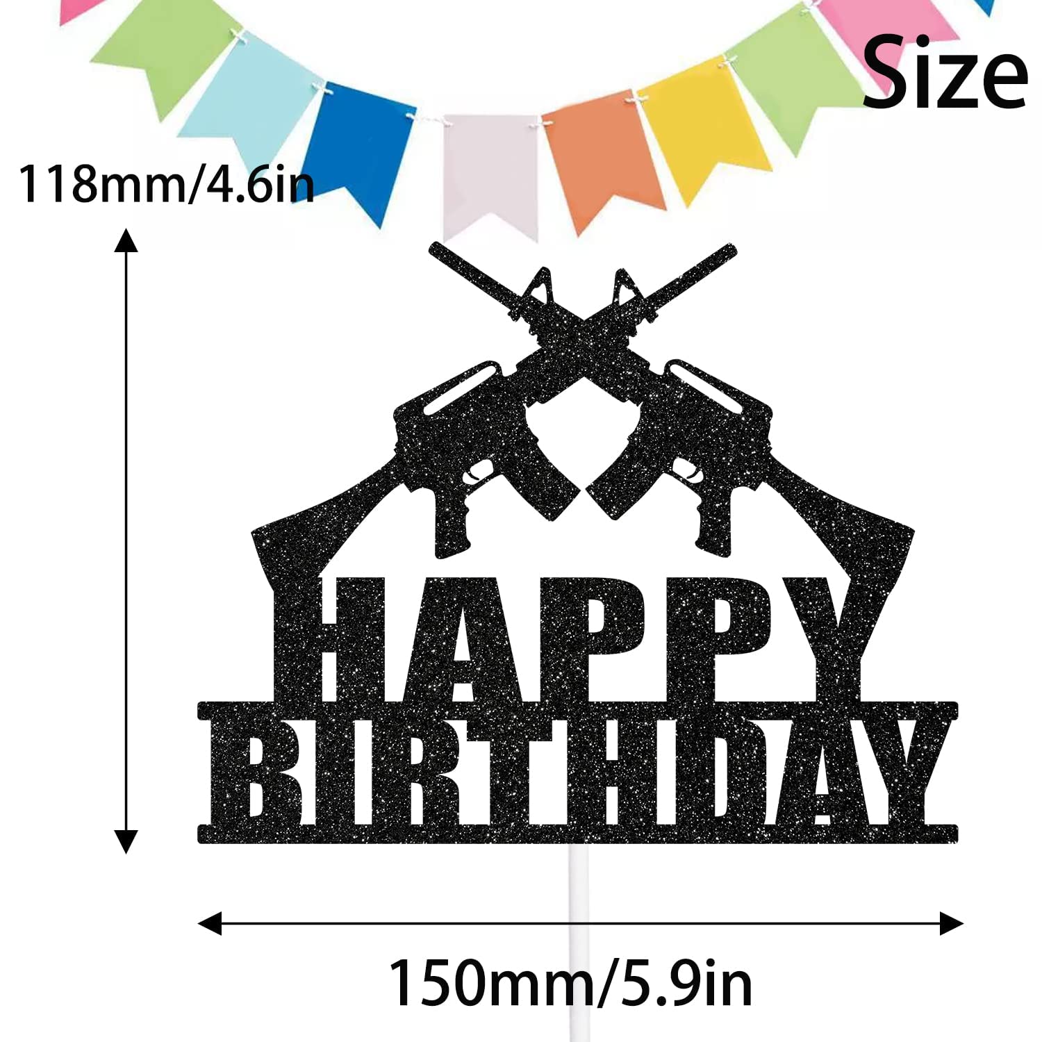 Happy Birthday Cake Topper Gun Theme Enthusiast Black Glitter Party Decorations Supplies