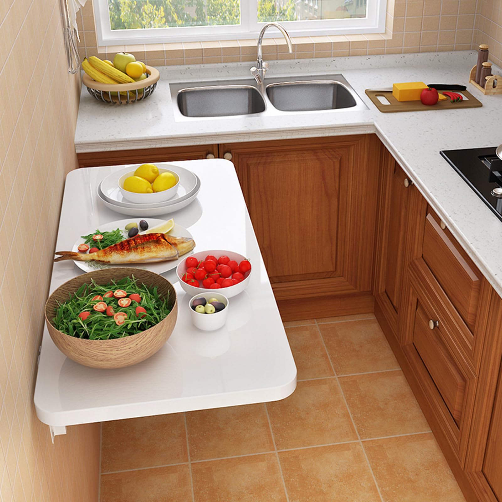 Mesa plegable de pared de 120 x 30 cm para cocina, mesa de comedor que ahorra espacio, con estante blanco resistente, ideal para espacios pequeños y oficina en casa