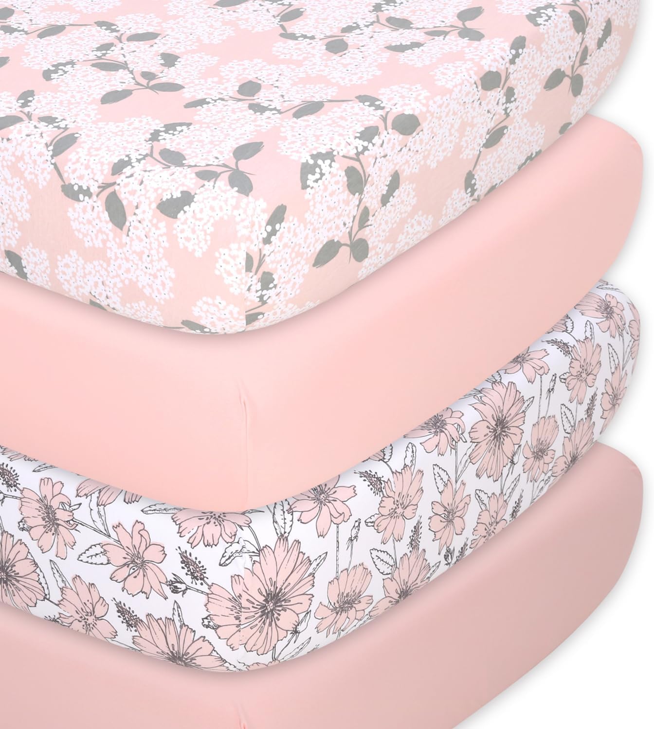 The Peanutshell 4-Pack Fitted Organic Crib Sheet Set - Soft & Breathable Baby Girl or Boy Crib Sheets, 100% Jersey Cotton Nursery Decor, Fit for Standard Mattress Cover- Cottage Floral