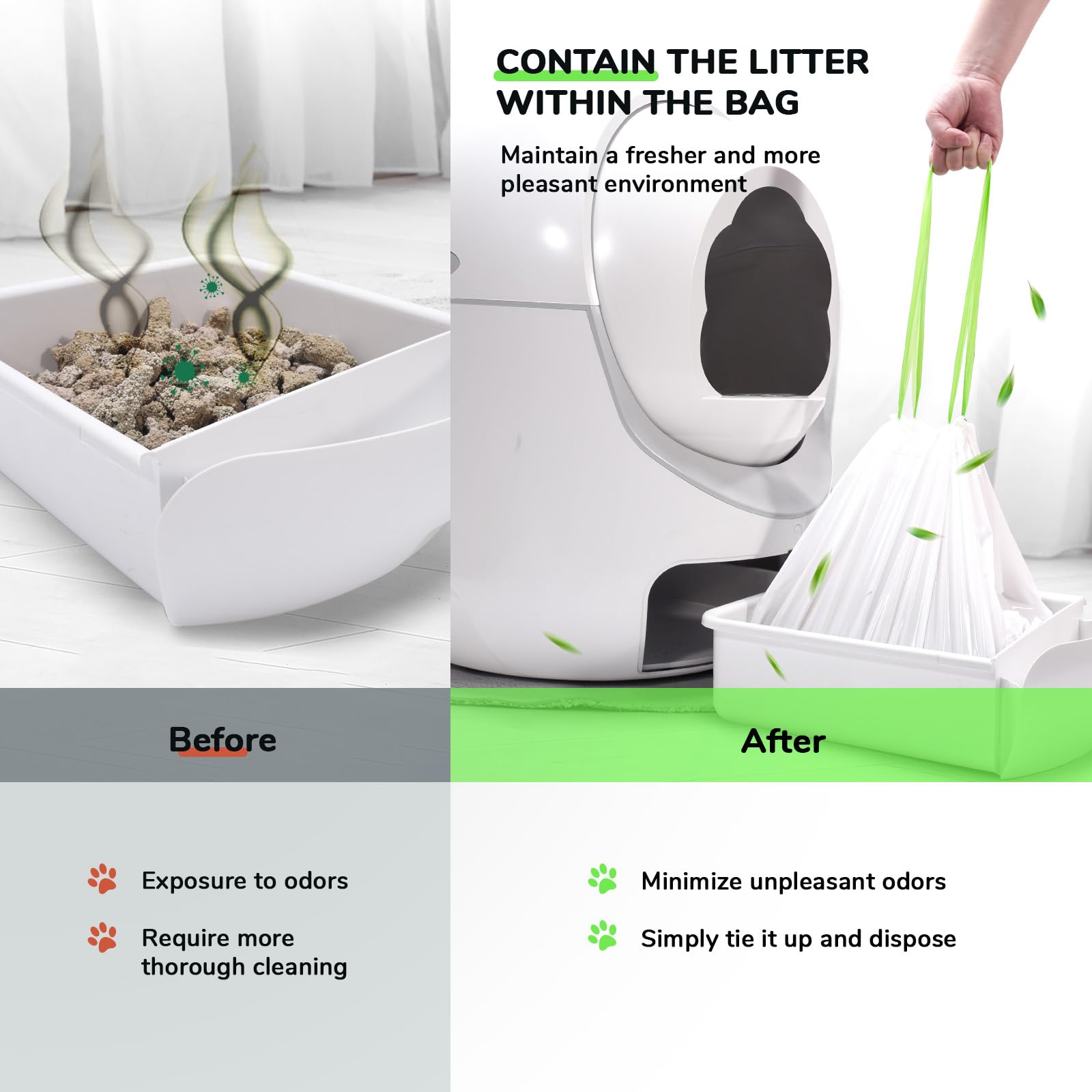 65 bolsas de arena para gatos con cordón para la mayoría de las cajas de arena autolimpiables para autolimpiables, extra gruesas, para cajones de arena para mascotas, bolsas de basura