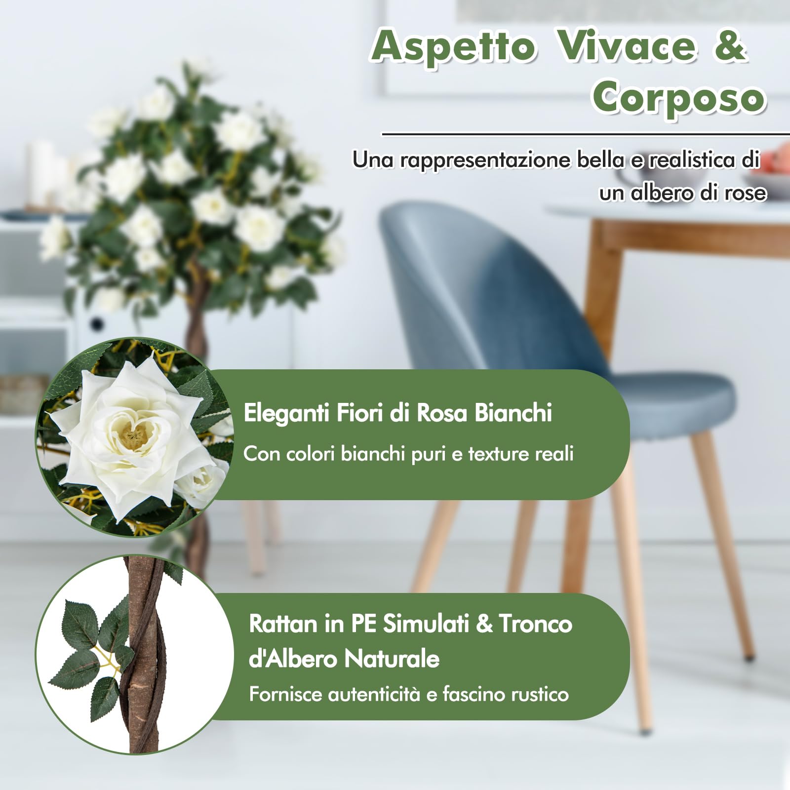 COSTWAY Pianta Floreale Finta 120 CM, Albero di Fiori Artificiali con Rose Bianche, Vaso da Vivaio, Pianta in Vaso da Interno per Decorazione Interna per Ufficio e Casa