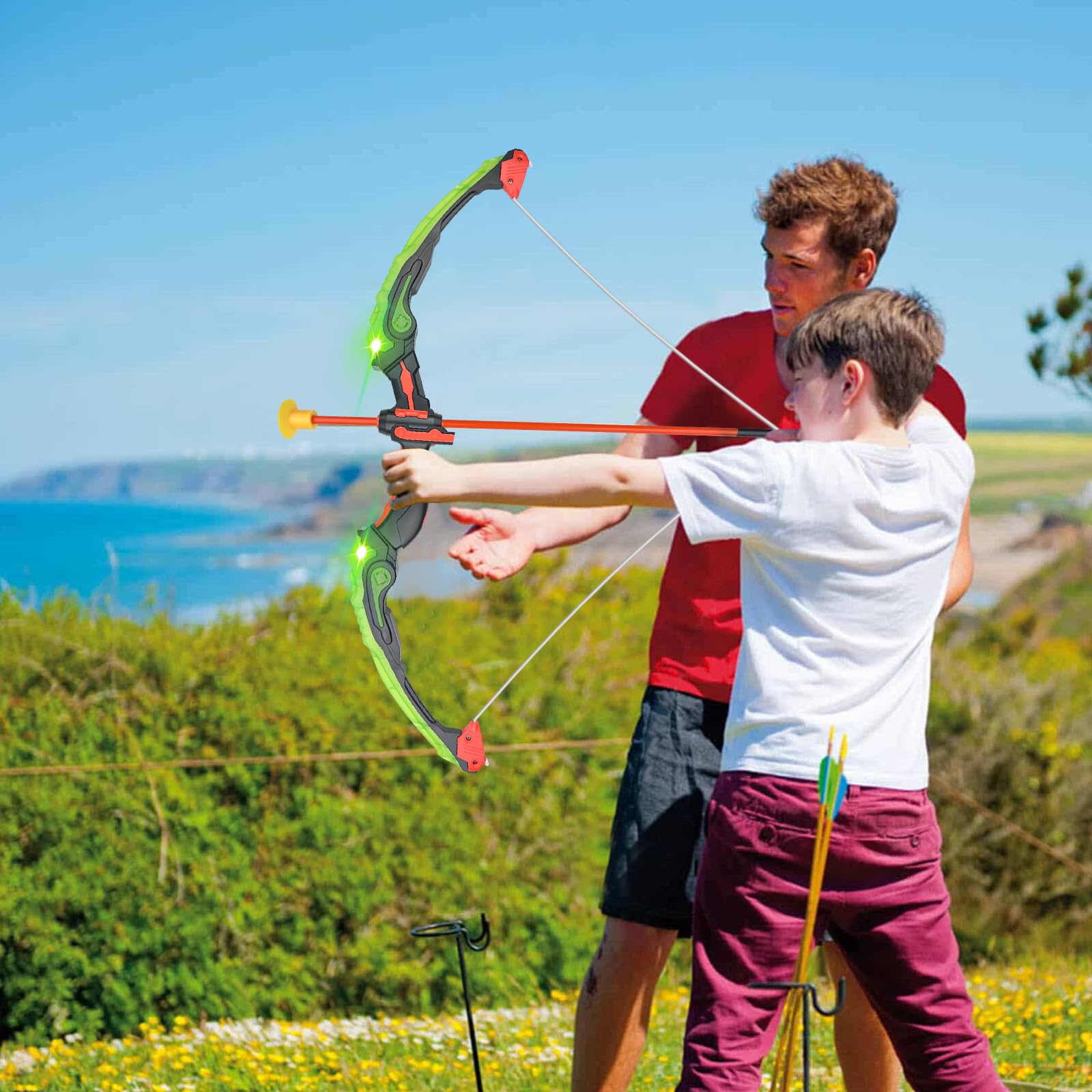 Gvolatee Arc Enfant, Arc et Fleches Enfant avec Lumières LED, Ensemble d'arc et de Flèches, Bow and Arrow for Kids, avec 3 Flèches À Ventouse, 1 Carquois et 1 Cible, pour Intérieur