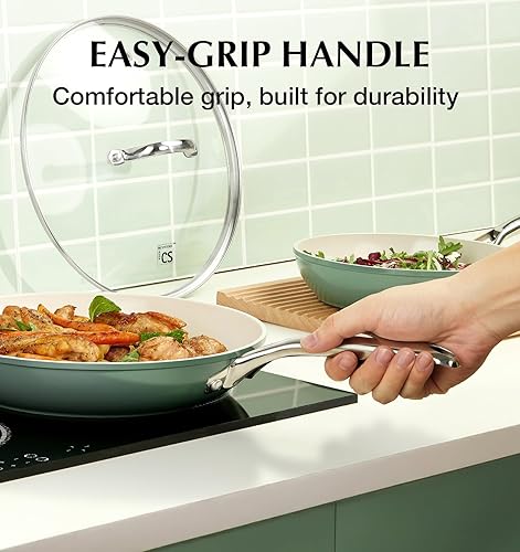 Miniatura 6 de KOCH SYSTEME CS Sartén antiadherente de 10 pulgadas con tapa, sartén de cerámica antiadherente con mango de acero inoxidable que se mantiene fresco,