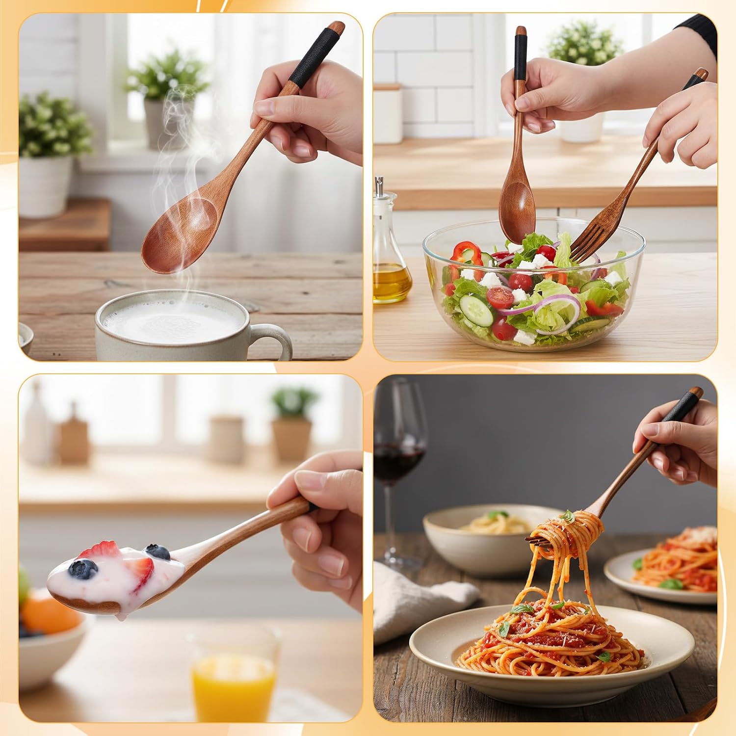 6 PCS Kitchen Wood Dinner Flatware Tableware Set, Wooden Spoon and Fork for Eating Utensil Set Wooden Utensils for Eatings, Reusable Bamboo Eat Utensils for Cooking Eating Kitchen