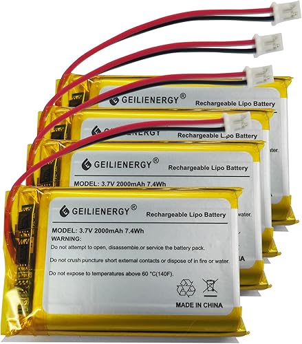 GEILIENERGY Batería de polímero de litio 3.7V 2000mAh 103454 Lipo Batería recargable con 2 cables JST 0.079 in Conector para altavoz y dispositivo