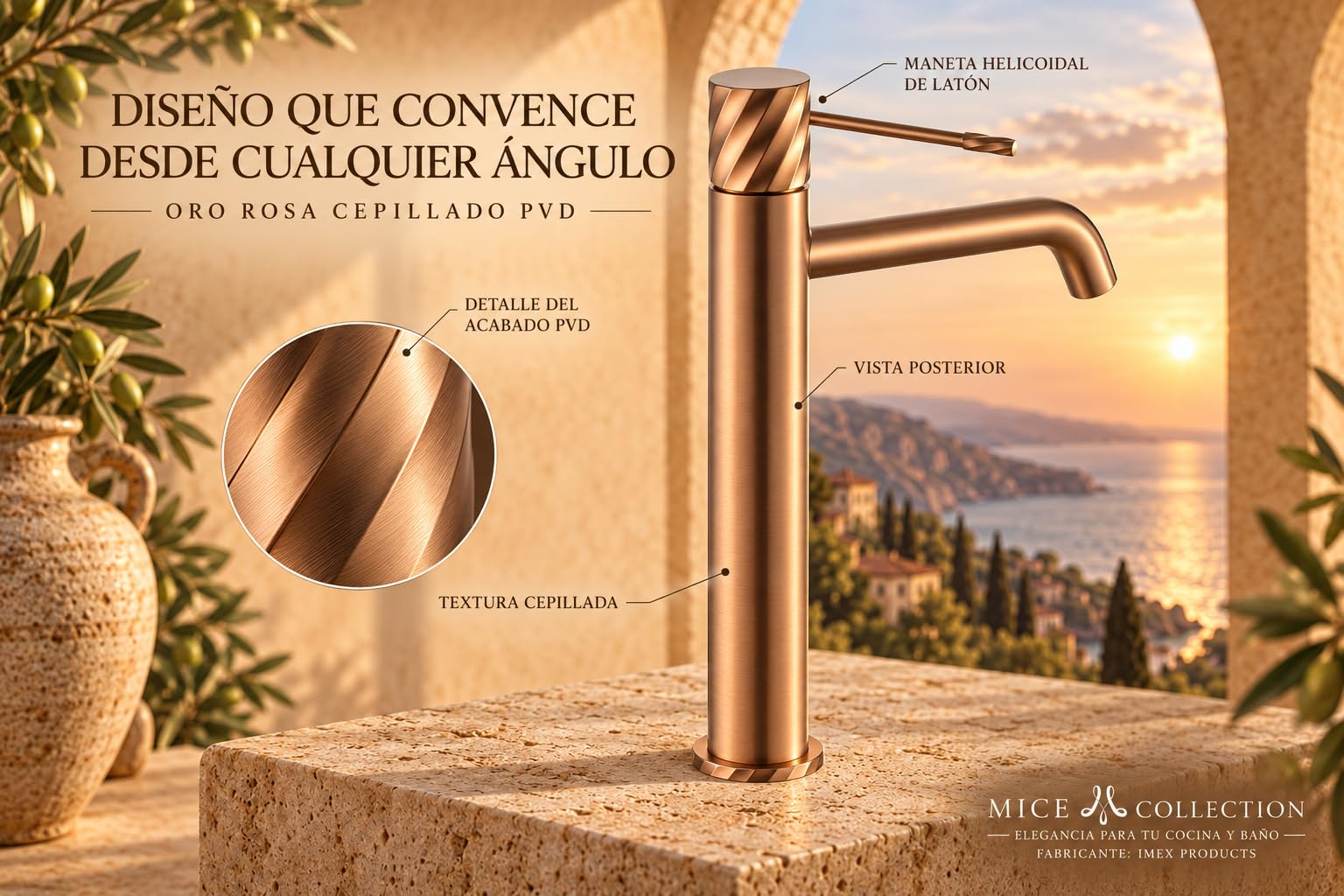 IMEX - Grifo Lavabo Alto Monomando - Oro Rosa Cepillado PVD - Cobrizo - Grifo de Baño para Lavabo Sobre Encimera y Sobreponer, Cuerpo de Latón, Caño Alto, Válvula de Desagüe Incluida