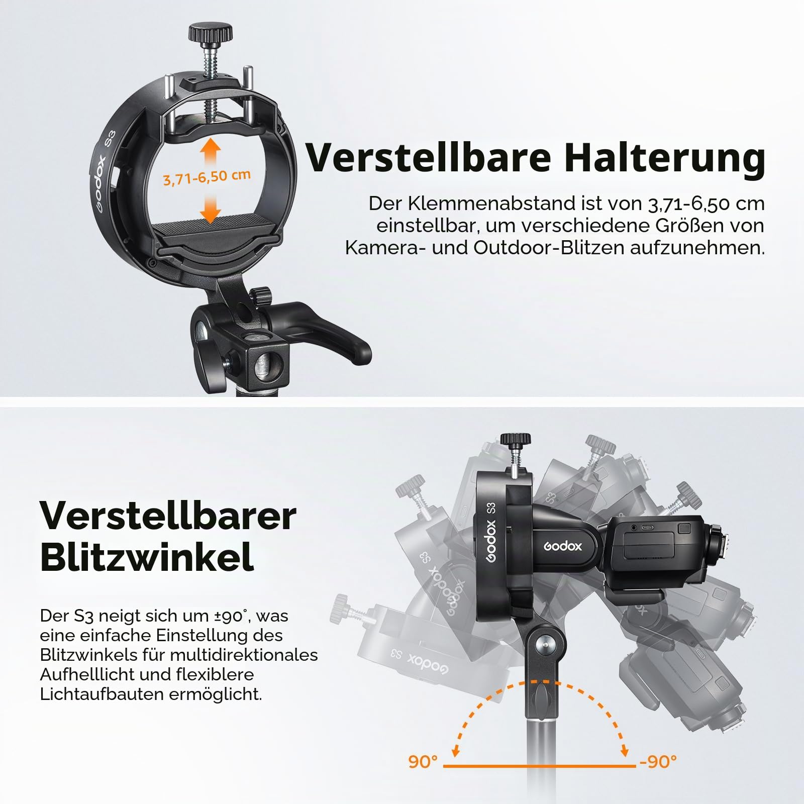 Godox S3 Bowens Mount Blitzhalterung, kompakt & leicht mit ±90° Neigung, rutschfeste Silikonpolsterung für stabilen Aufbau, für AD300/AD200/AD100 Outdoor-Blitz, für V100/V1Pro/V1/V860III Speedlite