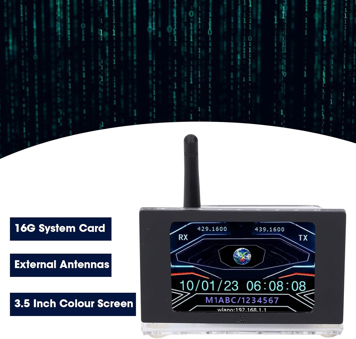MMDVM Digital Voice Modem highlighting key features: 16G System Card, External Antennas, and 3.5 Inch Colour Screen.