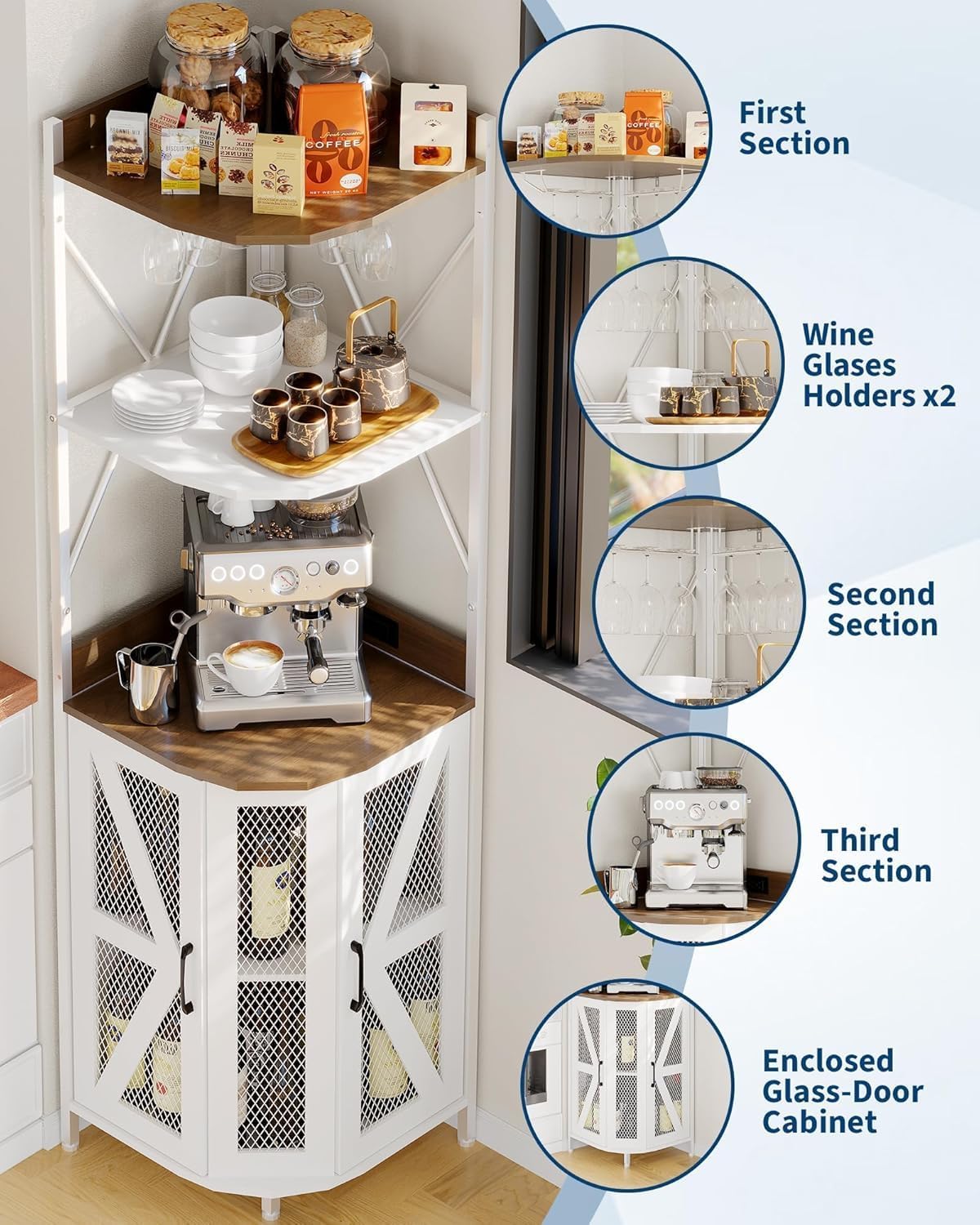 Eck-Barschrank Mit Steckdose Industrieller Weinschrank Mit LED-Streifen Und Glashalter, 5-Stöckiges Sideboard-Buffetschrank Freistehender Kaffee-Barschrank Für Wohnzimmer, Hausbar