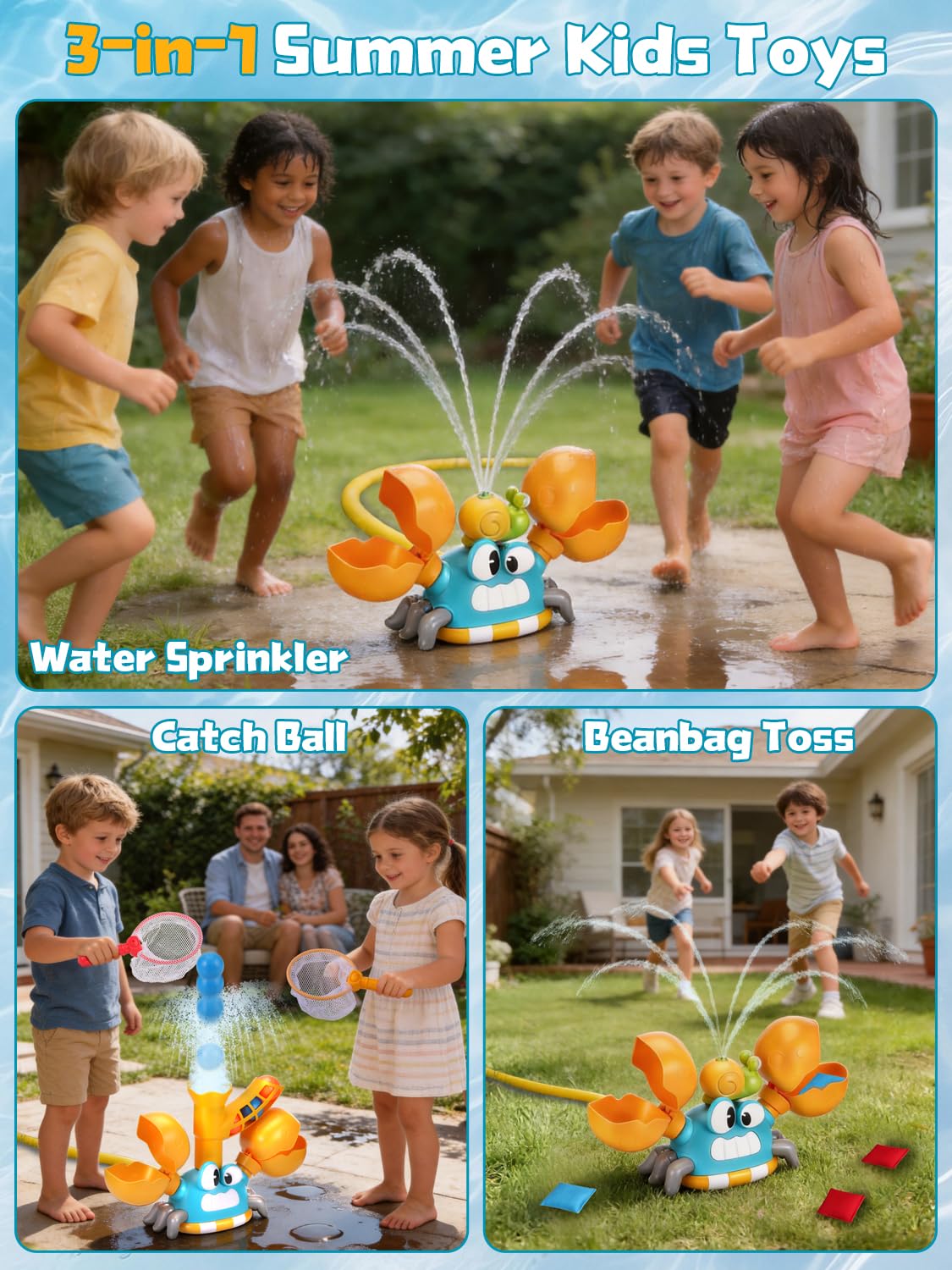 3-in-1 Giochi da Giardino da Esterno, Irrigatore per Bambini Forma di Granchio con Prendi la Palla e Lancia, Regalo Creativi per Bambino, Il Giocattoli Estivo Perfetto per Bambini 3 4 5 6 7 8 9 Anni