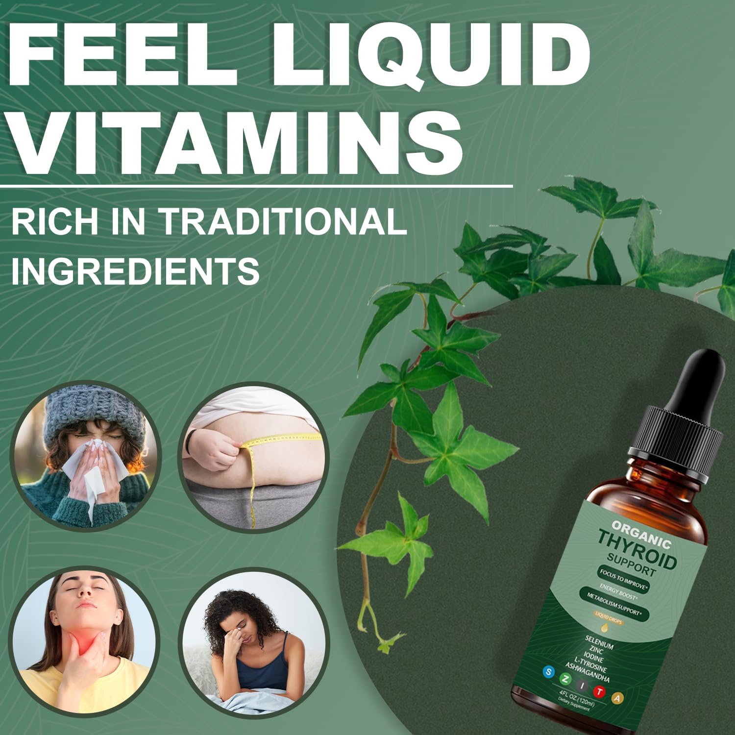 Thyroid Support Liquid Drops with Selenium, Zinc, Iodine, L-Tyrosine & Ashwagandha for Hormone Balance, Daily Energy & Metabolism Support - 4 fl. oz. (120mL) - Image 3