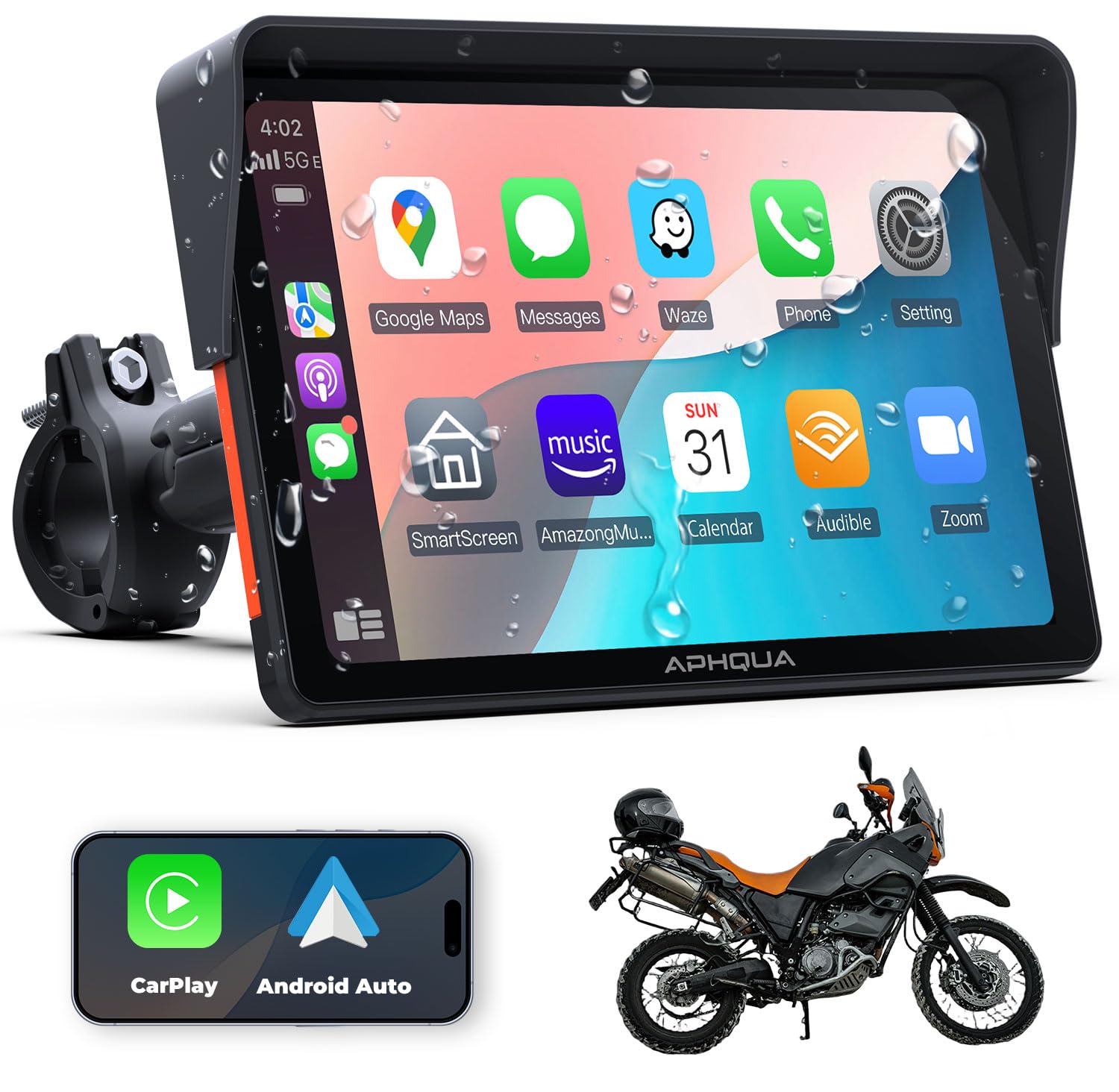 APHQUA 722 CarPlay Moto con Soporte en Forma de U, CarPlay y Android Auto Inalámbricos, Pantalla Táctil Impermeable de 7", Bluetooth, Navegación GPS, Siri y Asistente de G00gle