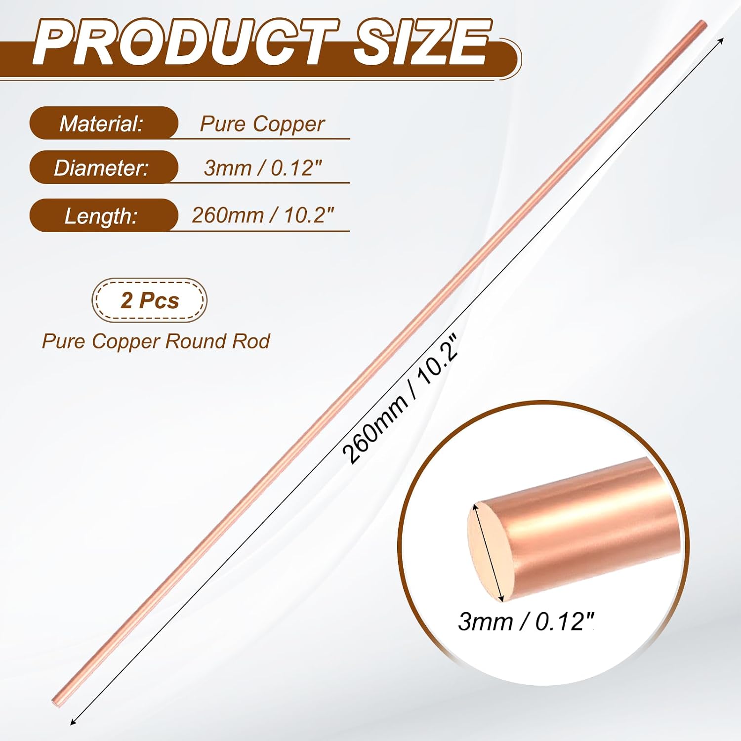 PATIKIL 2Pcs 99.99% Pure Copper Round Rod, 3mm / 0.12" Dia 10.2" Length Bare Copper cu Metal Rod Lathe Bar Stock for DIY Metal Craft Hobbies Gardening Industry Decoration
