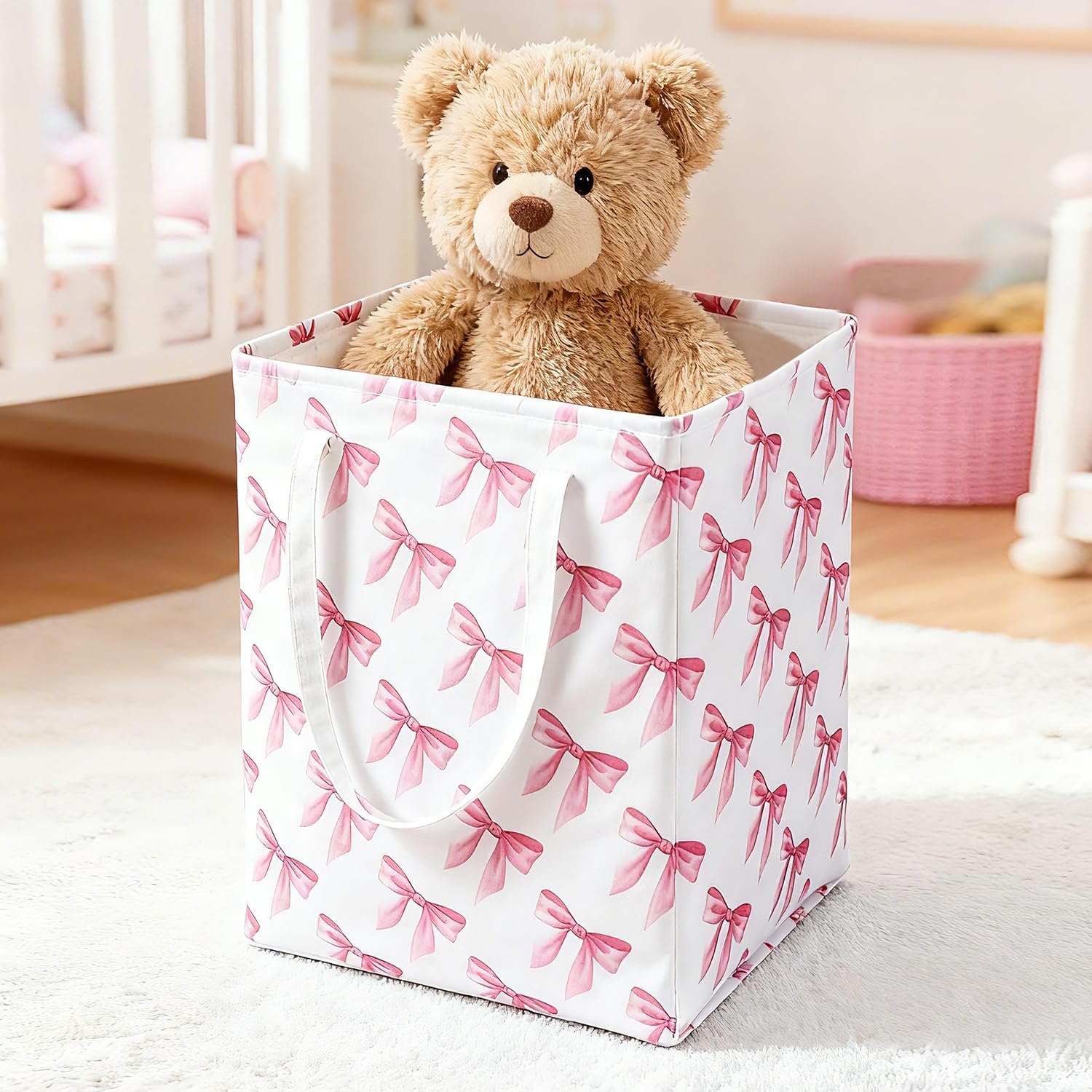 Pink Laundry Basket with Bow, Coquette Pink Laundry Hamper - Tall Cotton Rope Nursery Storage Bin, Large Organizer for Blankets, Toys & Clothes for Bedroom & Bathroom (Square*2, 75L)