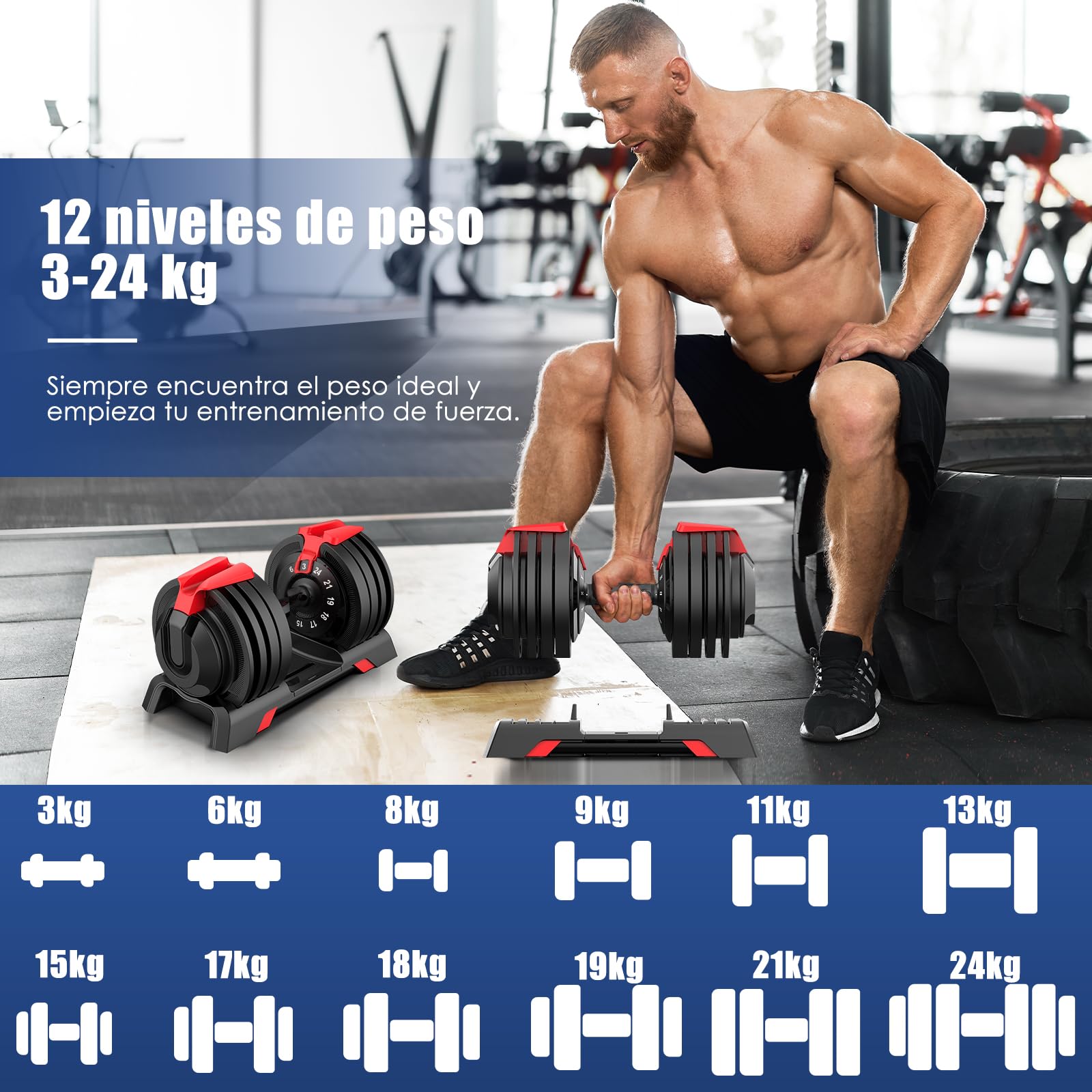 DH FitLife Mancuernas Ajustables 24kg con Base de Almacenamiento, Juego de Pesas Compactas 12 en 1 para Culturismo y Entrenamiento - Diseño Ahorra Espacio, para Hombre y Mujer