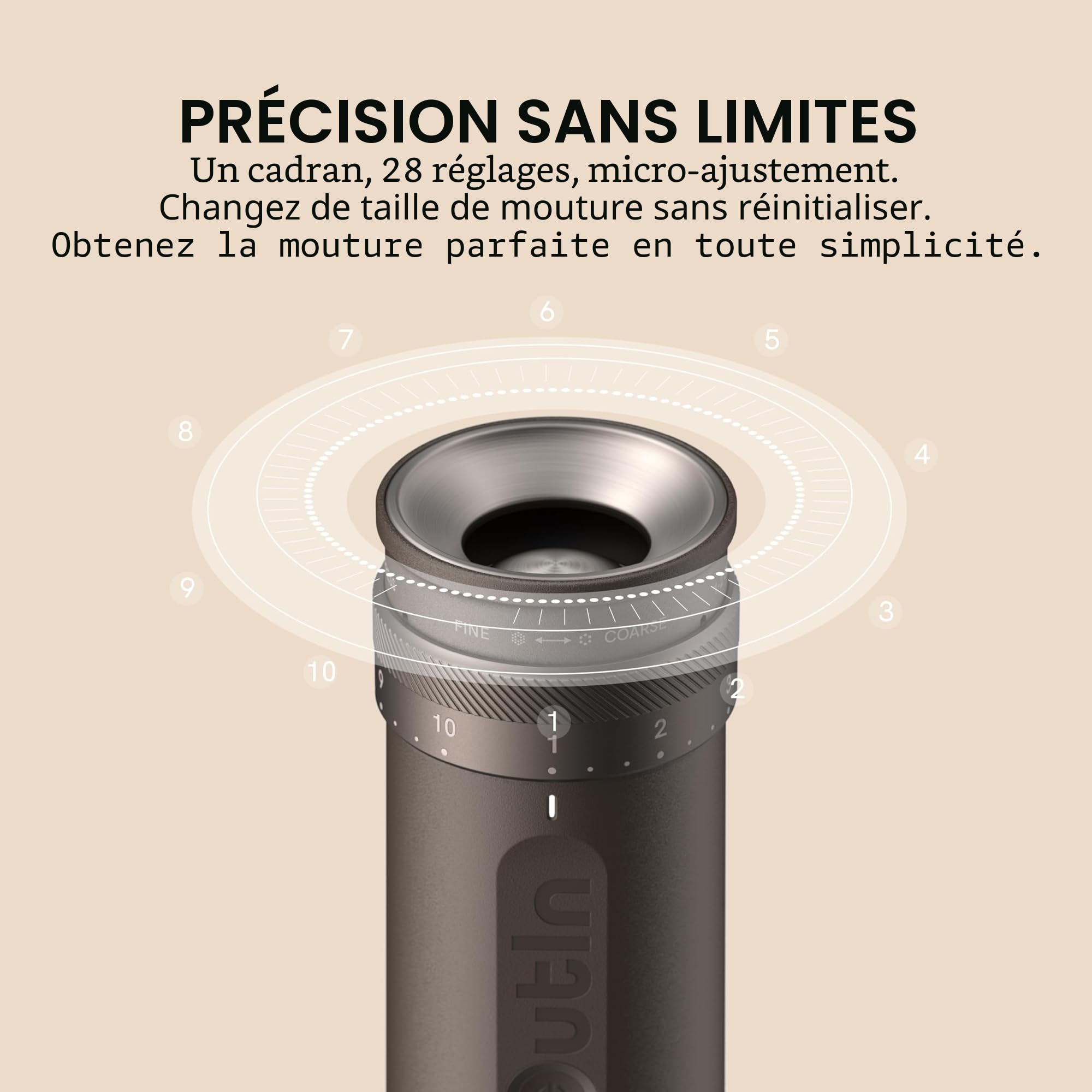 OutIn Fino Moulin à café électrique portable Moulin à cône, 28 niveaux de mouture externes, cône en acier inoxydable à 7 étoiles & bouton de commande unique