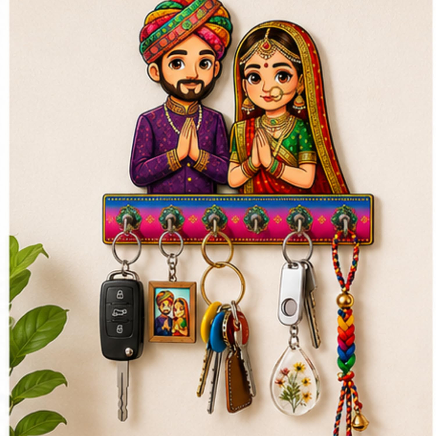 Webelkart Traditional Rajasthani Couple Wooden Key Holder for Wall Decor| Key Hanger for Home Decor,Decorative Key Stand for Livingroom (10" Inches)-image-25
