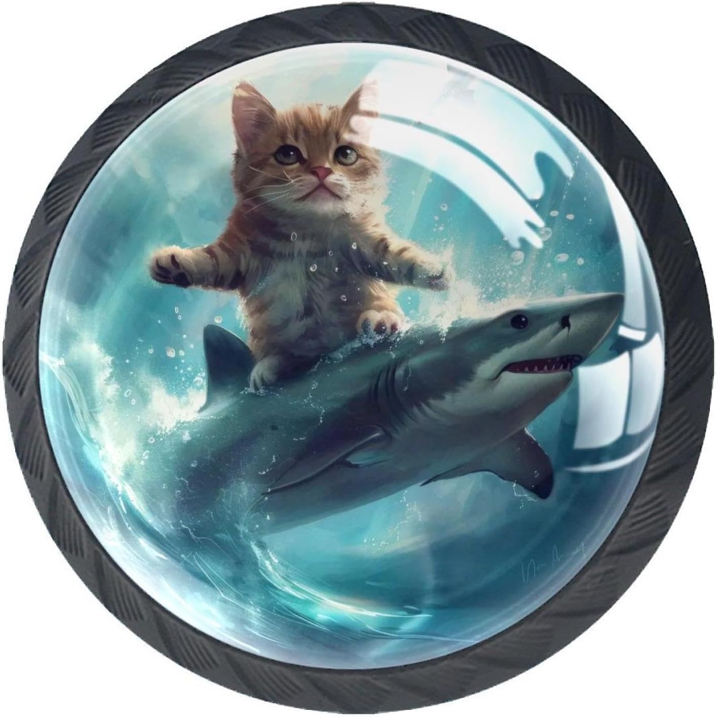 4 Pieces Drawer Knobs, Funny Cat Riding Shark Ocean Kitchen Cabinet Knobs, 35mm Dresser Knobs Drawer Pulls Black Cabinet Hardware for Dresser Drawers Closet Wardrobe Cupboard
